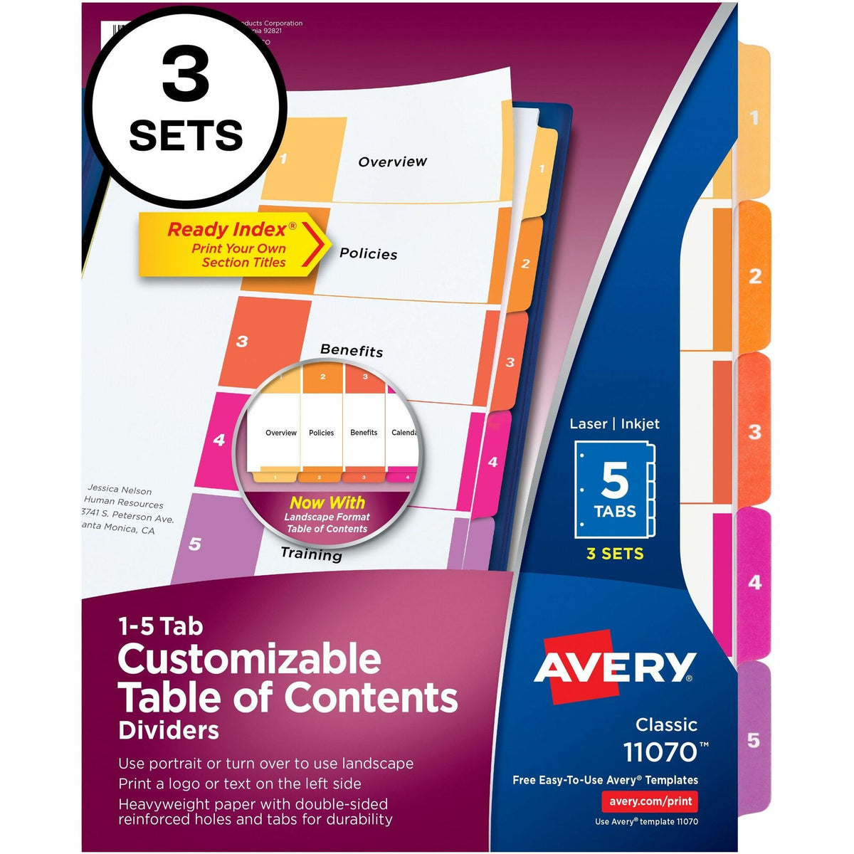 Avery® Ready Index 5-tab Dividers - 15 x Divider(s) - 1-5 - 5 Tab(s)/Set - 8.5" Divider Width x 11" Divider Length - 3 Hole Punched - White Paper Divider - Multicolor Paper Tab(s) - 3/Pack - 12 / Carton