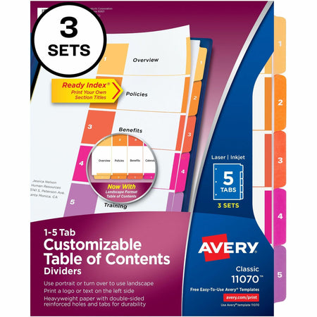Avery® Ready Index 5-tab Dividers - 15 x Divider(s) - 1-5 - 5 Tab(s)/Set - 8.5" Divider Width x 11" Divider Length - 3 Hole Punched - White Paper Divider - Multicolor Paper Tab(s) - 3/Pack - 12 / Carton