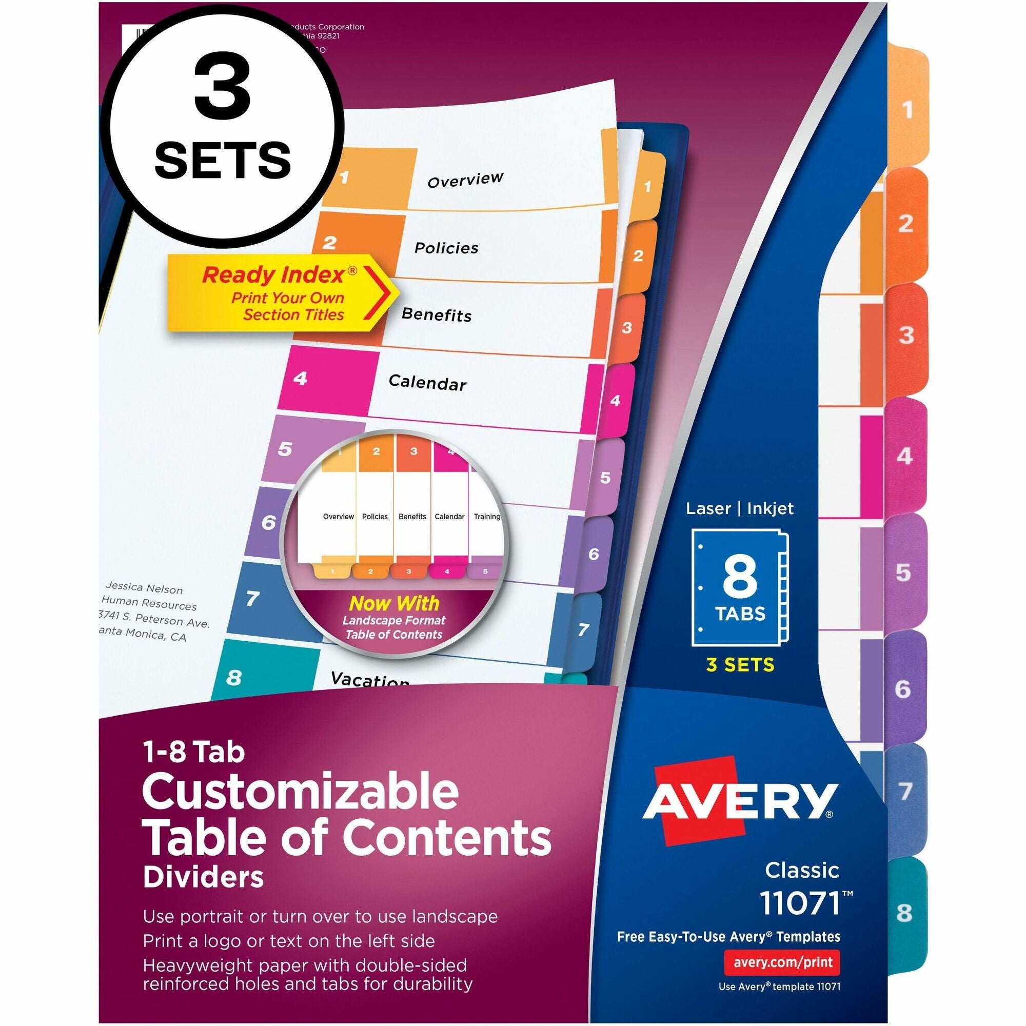 Avery® Ready Index 8-tab Dividers - 24 x Divider(s) - 1-8 - 8 Tab(s)/Set - 8.5" Divider Width x 11" Divider Length - 3 Hole Punched - White Paper Divider - Multicolor Paper Tab(s) - 3/Pack - 12 / Carton