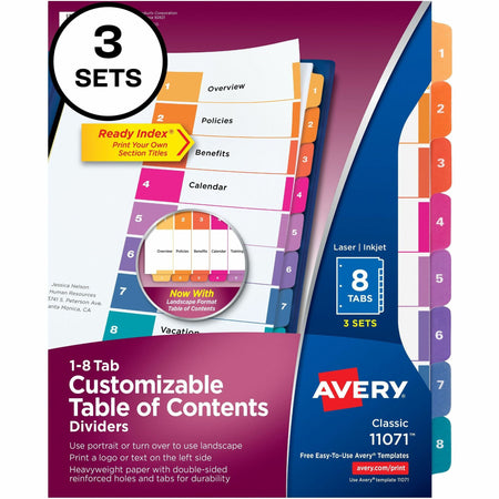 Avery® Ready Index 8-tab Dividers - 24 x Divider(s) - 1-8 - 8 Tab(s)/Set - 8.5" Divider Width x 11" Divider Length - 3 Hole Punched - White Paper Divider - Multicolor Paper Tab(s) - 3/Pack - 12 / Carton