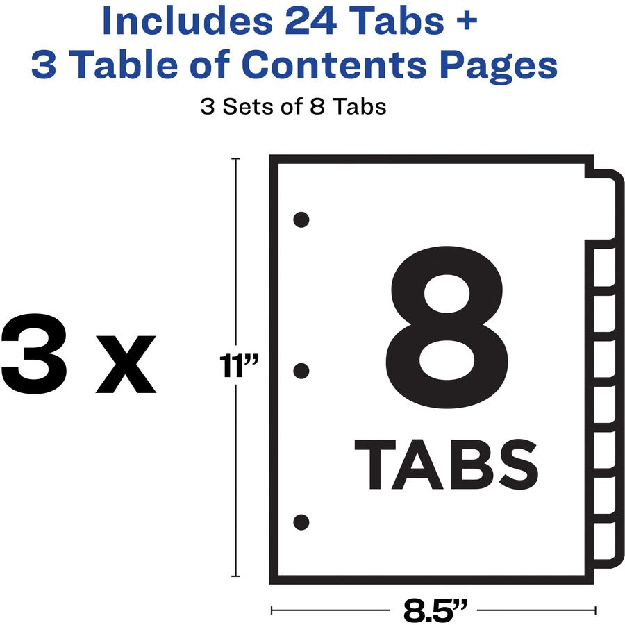 Avery® Ready Index 8-tab Dividers - 24 x Divider(s) - 1-8 - 8 Tab(s)/Set - 8.5" Divider Width x 11" Divider Length - 3 Hole Punched - White Paper Divider - Multicolor Paper Tab(s) - 3/Pack - 12 / Carton