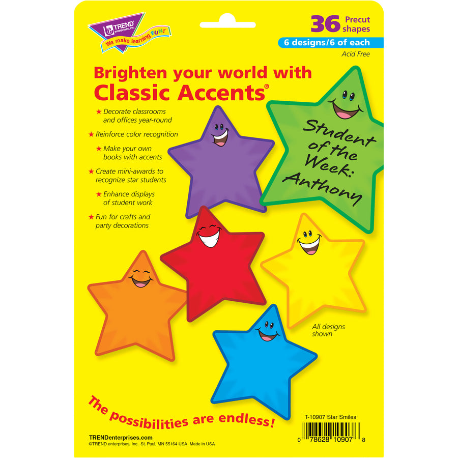 Trend Smiling Stars Accents - 36 x Smiley Star Shape - Precut - 5.50" Height - Assorted - 36 / Pack