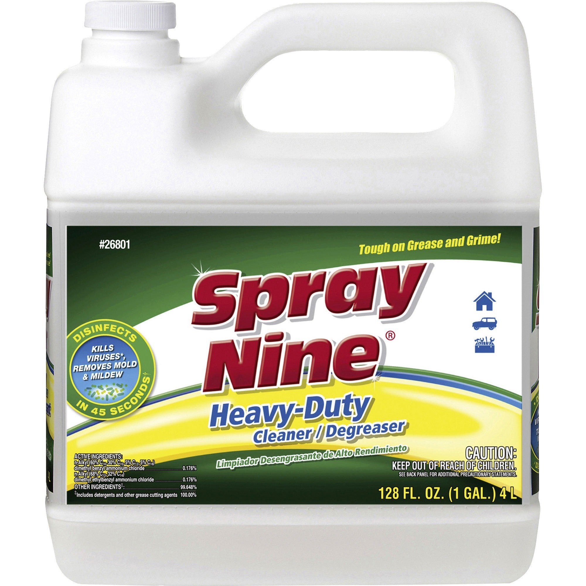 Spray Nine Heavy-Duty Cleaner/Degreaser w/Disinfectant - For Refrigerator, Breakroom, Restaurant - 128 fl oz (4 quart) - Recommended For: Dirt Remover, Grease Remover, Grime Remover, Stain Remover, Soil Remover - Disinfectant - Clear - 1 Each