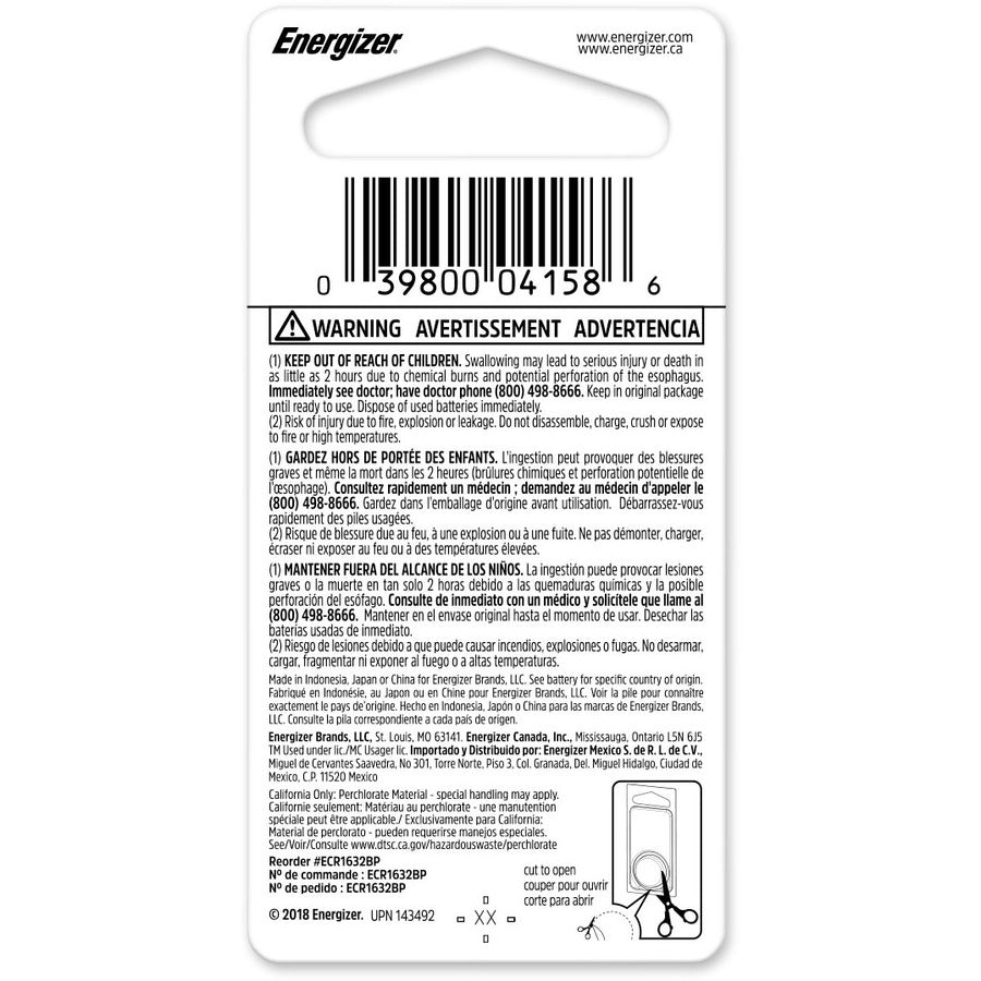 Energizer 1632 Lithium Coin Battery - For Toy, Heart Rate Monitor, Glucose Monitor, Keyless Entry, Game, Keyfob Transmitter, Watch, Remote Control - CR1632 - 130 mAh - 3 V DC - 1 Each