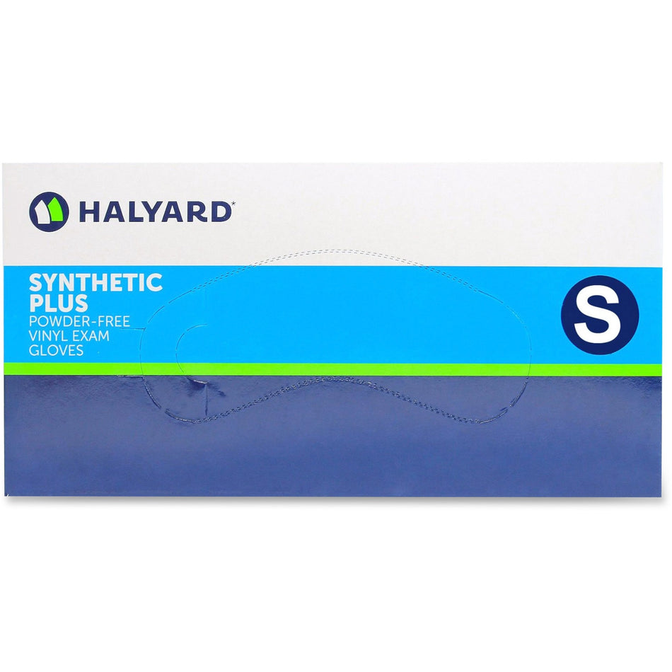 Halyard Synthetic Plus PF Vinyl Exam Gloves - 9.50" Glove Length - Polymer Coating - Small Size - For Right/Left Hand - Clear - Latex-free, Non-sterile - 100 / Box