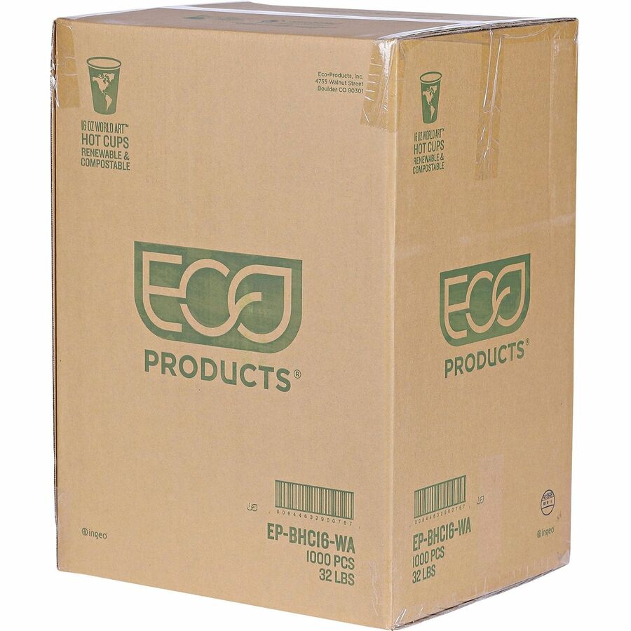 Eco-Products 16 oz World Art Hot Beverage Cups - fl - Multi - Paper Resin - Drink - 50/Pack - 20 / Carton