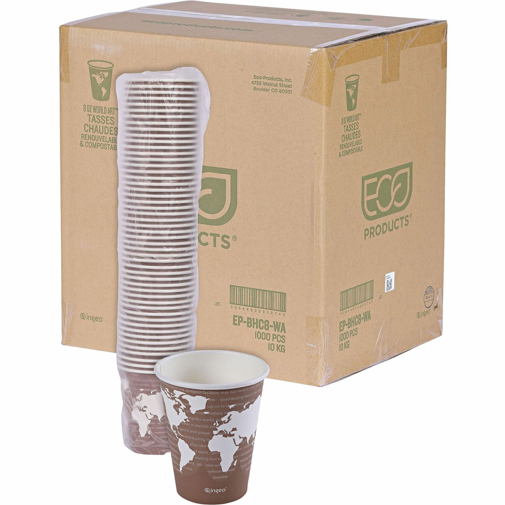 Eco-Products 8 oz World Art Hot Beverage Cups - 8 fl oz - Multi - Paper, Resin - Hot Drink - 50/Pack - 20 / Carton
