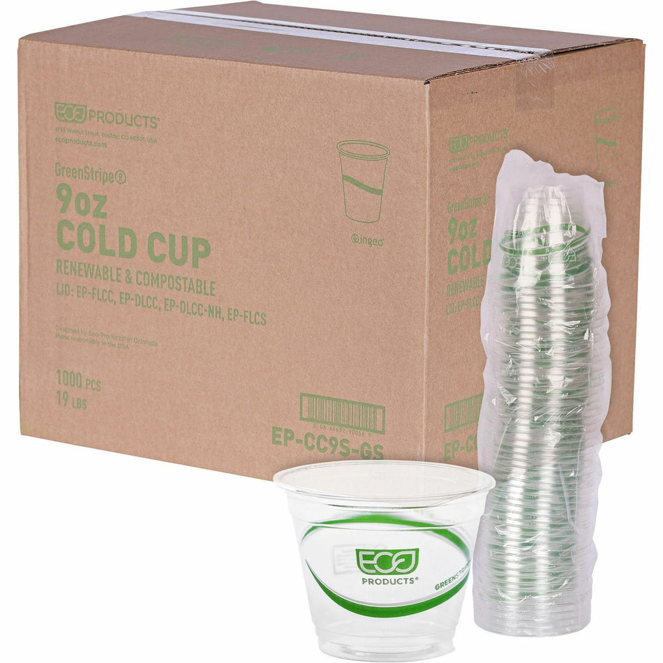 Eco-Products 9 oz GreenStripe Cold Cups - 9 fl oz - Clear - Polylactic Acid (PLA) - Cold Drink - 50/Pack - 20 / Carton