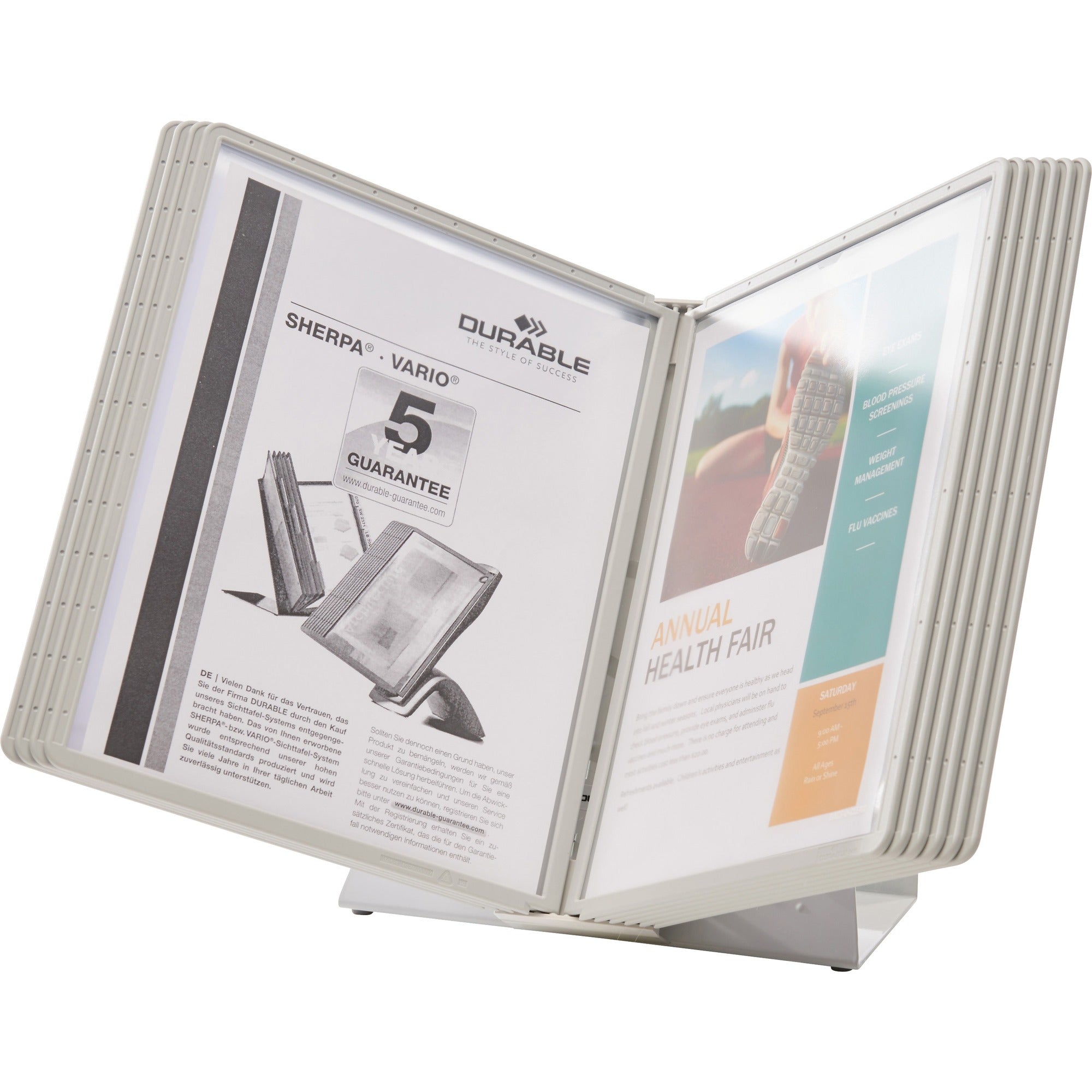 DURABLE Desk Reference System with Display Sleeves - Desktop - 10 Panels - Support Letter Media - Antimicrobial - Gray - 1 Each