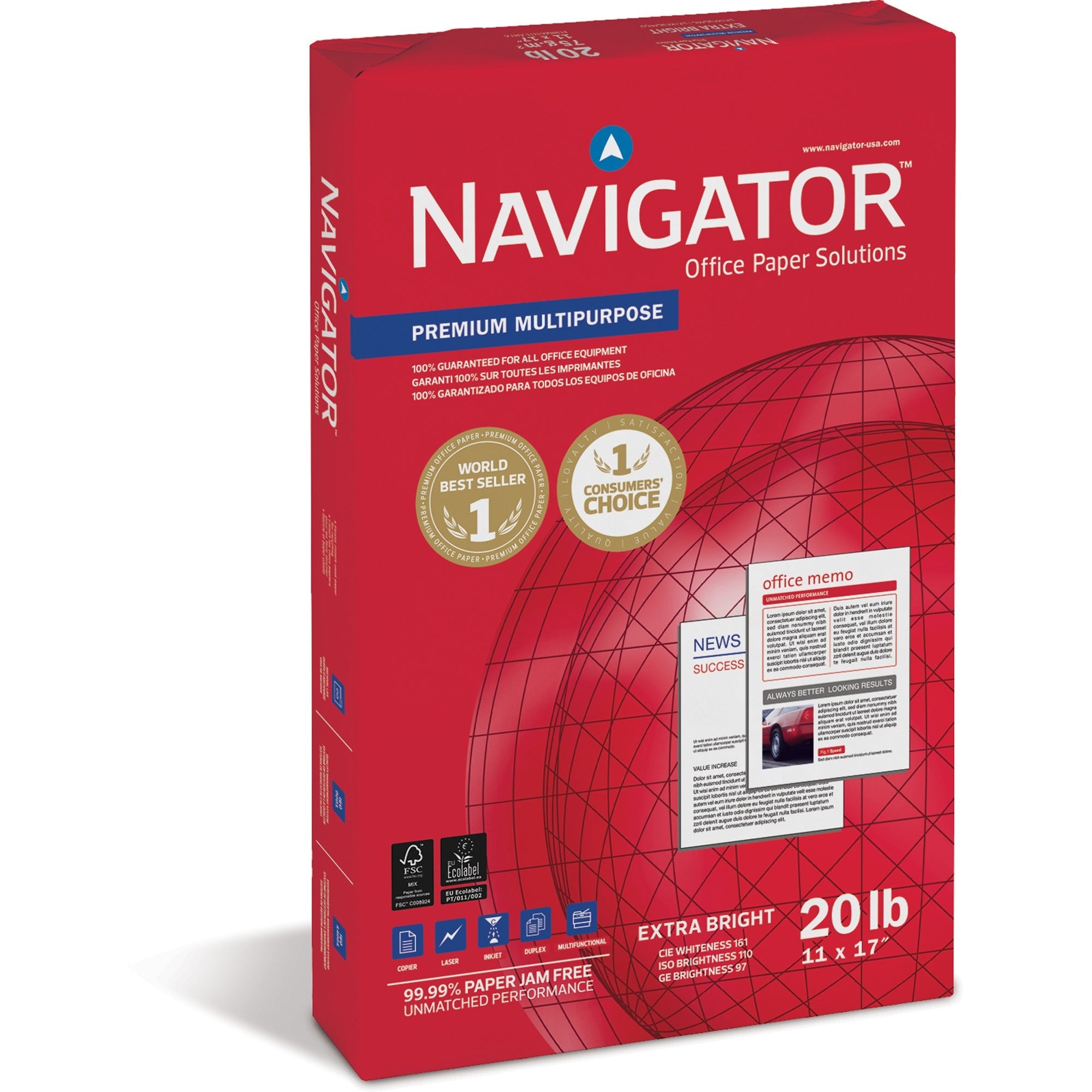 Navigator Premium Multipurpose Trusted Performance Paper - Extra Opacity - White - 97 Brightness - 11" x 17" - 20 lb Basis Weight - Smooth - Jam-free - White - 500 Sheets per Ream - 5 / Carton