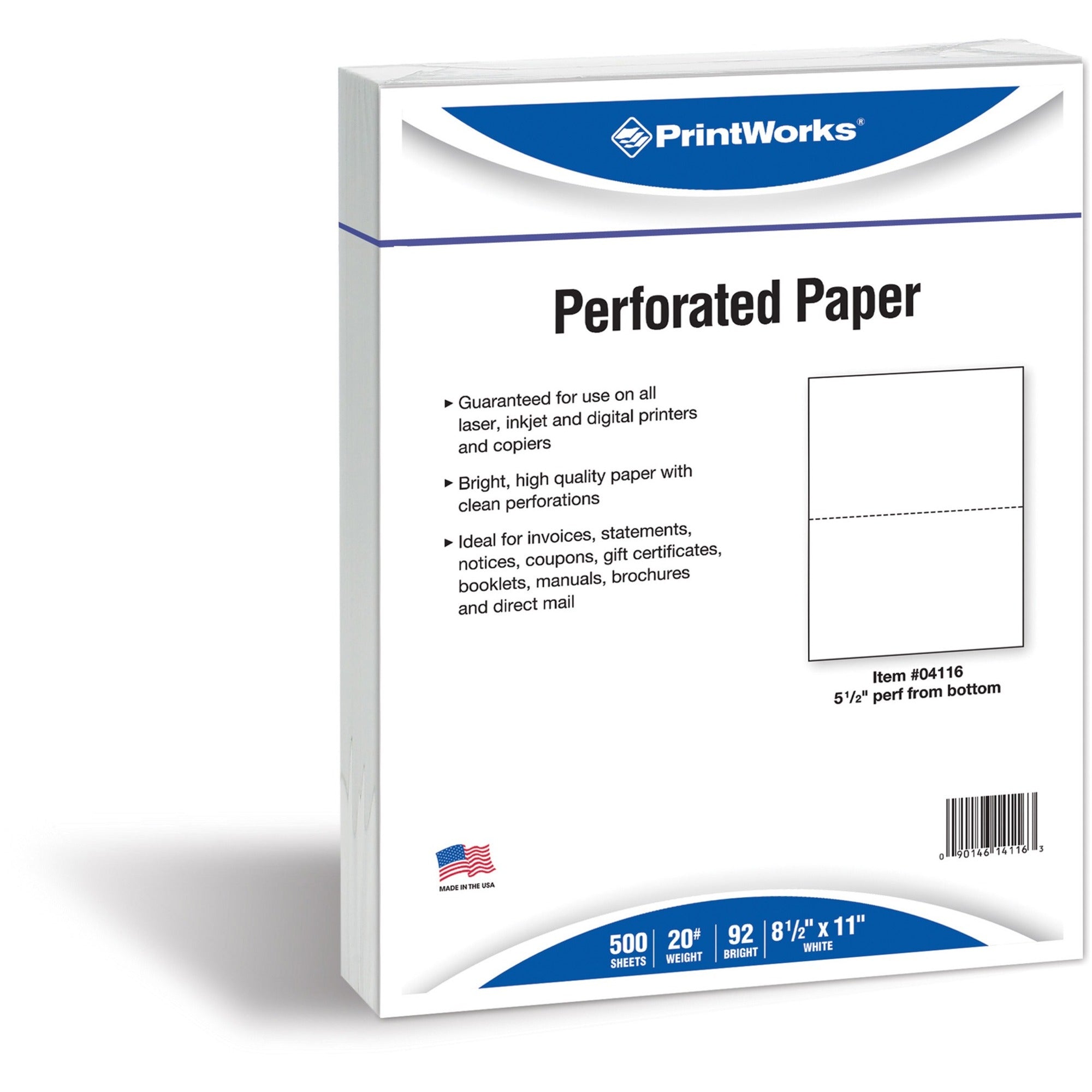 Printworks Perforated Office Paper - Letter - 8 1/2" x 11" - 20 lb Basis Weight - Sustainable Forestry Initiative (SFI) - Perforated - White - 500 / Ream