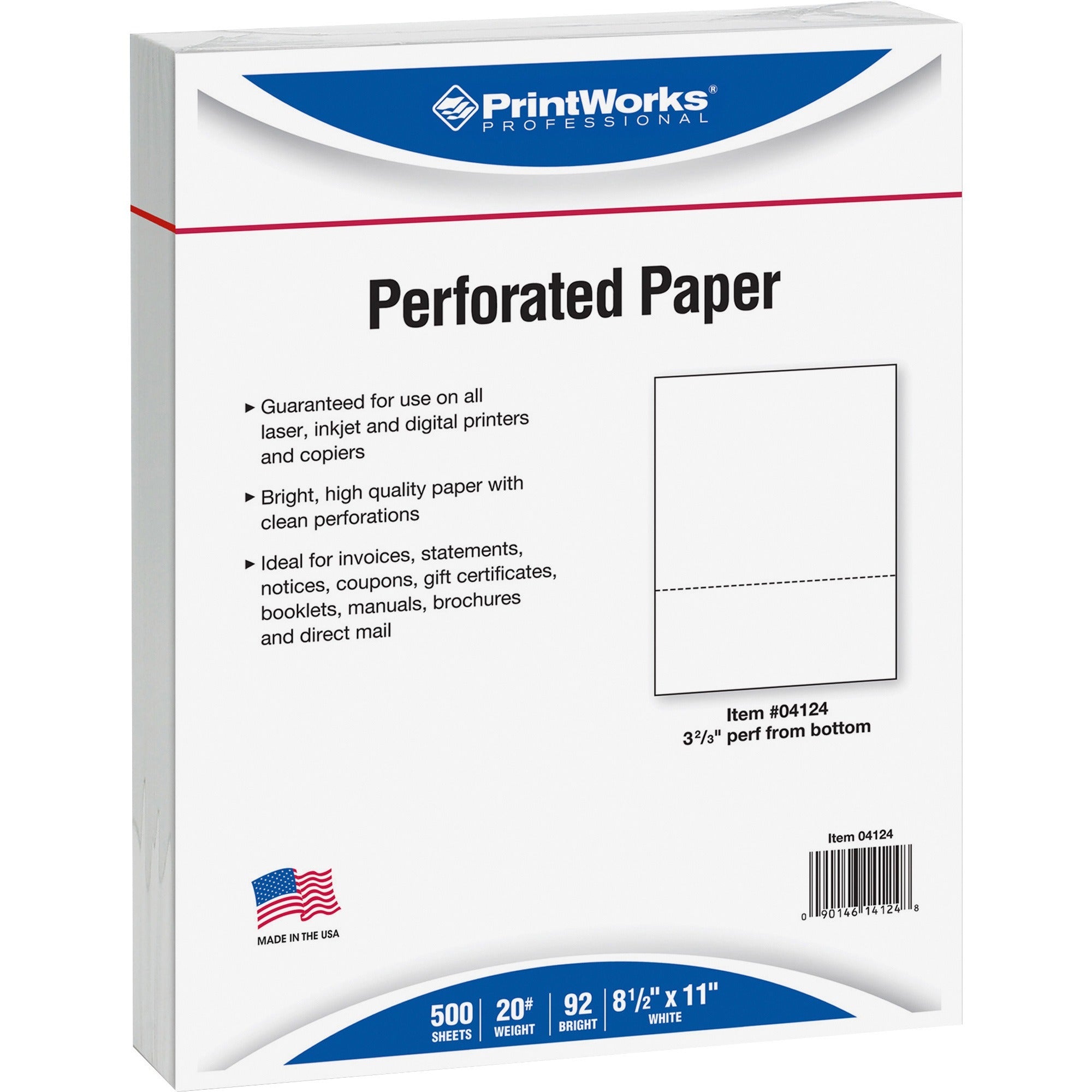 Printworks Pre-Perforated Paper for Invoices, Statements, Gift Certificates & More - Letter - 8 1/2" x 11" - 20 lb Basis Weight - Smooth - Sustainable Forestry Initiative (SFI) - Perforated - White - 500 / Ream