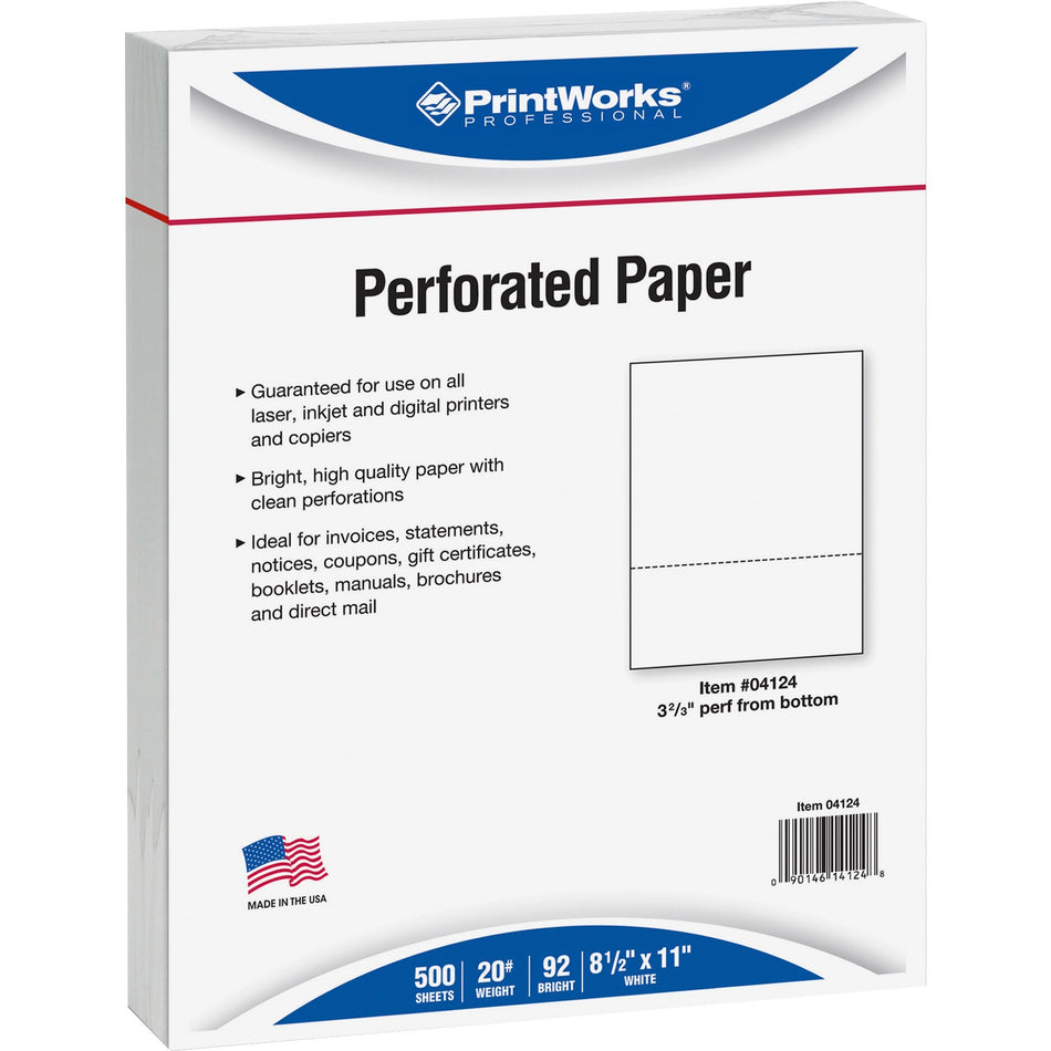 Printworks Pre-Perforated Paper for Invoices, Statements, Gift Certificates & More - Letter - 8 1/2" x 11" - 20 lb Basis Weight - Smooth - Sustainable Forestry Initiative (SFI) - Perforated - White - 500 / Ream