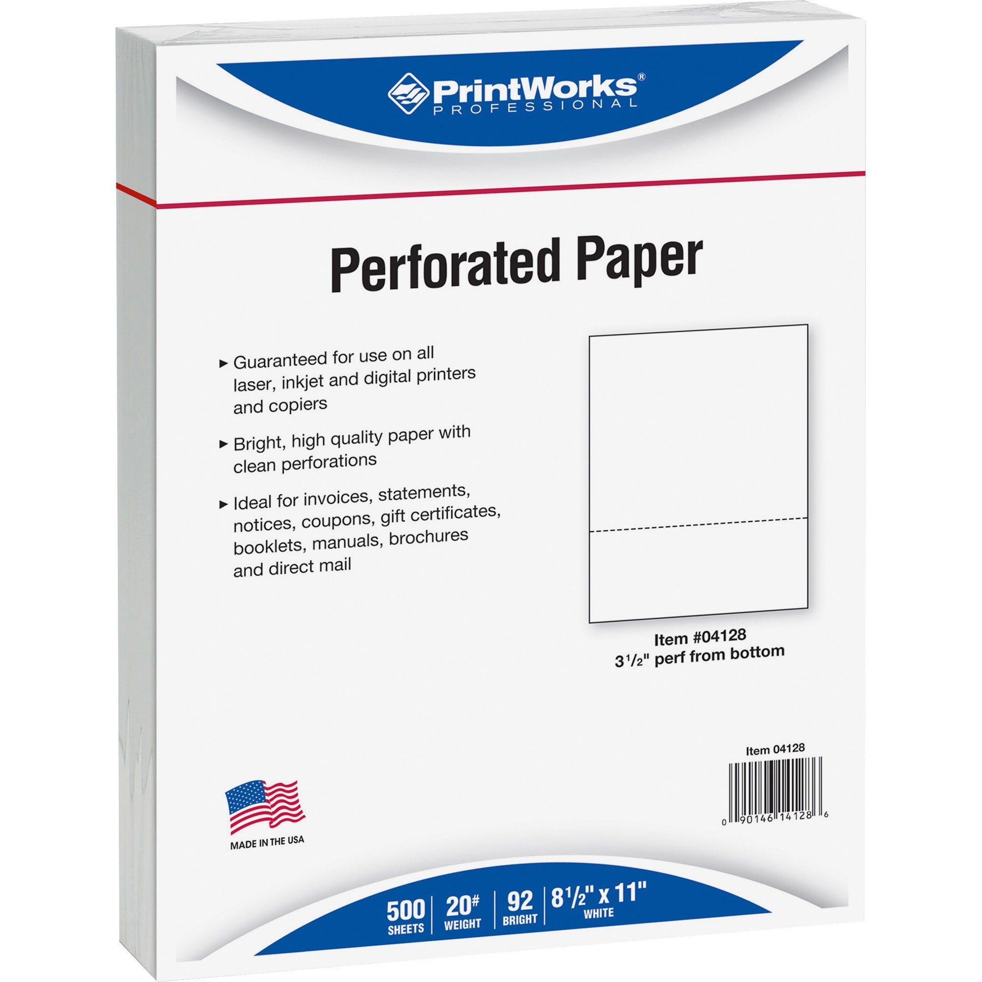 Printworks Pre-Perforated Paper for Invoices, Statements, Gift Certificates & More - Letter - 8 1/2" x 11" - 20 lb Basis Weight - Sustainable Forestry Initiative (SFI) - Perforated - White - 500 / Ream