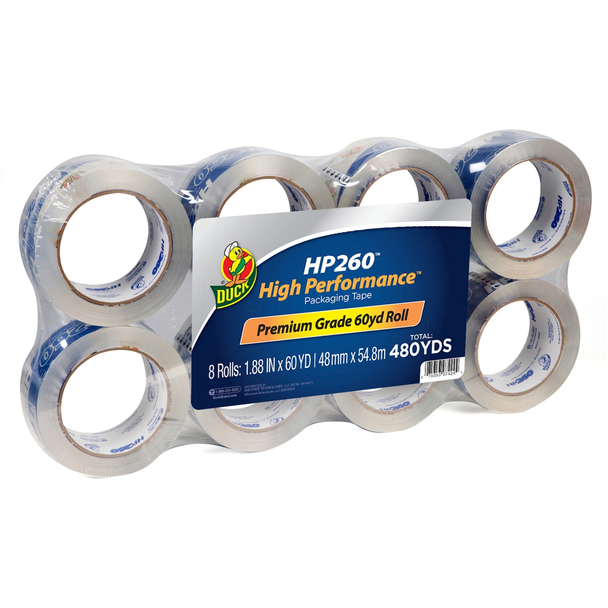 Duck HP260 High Performance Packaging Tape - 60 yd Length x 1.88" Width x 3.1 mil Thickness - Crystal Clear - UV Resistant - For Sign, Sealing, Shipping, Packing - 8 / Pack