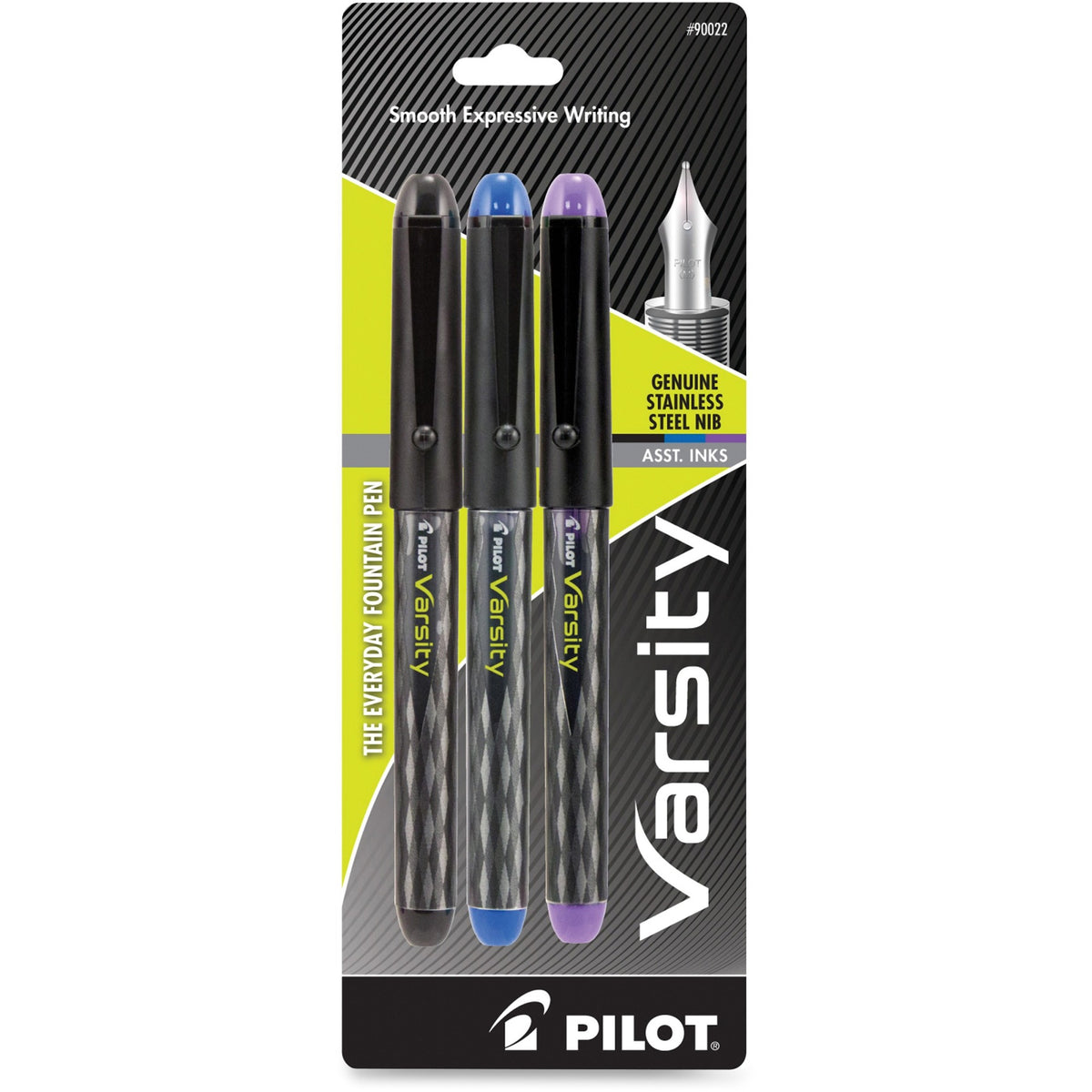 Pilot Varsity Disposable Fountain Pens - Medium Pen Point - Black, Blue, Purple Ink - Black Barrel - 3 / Pack