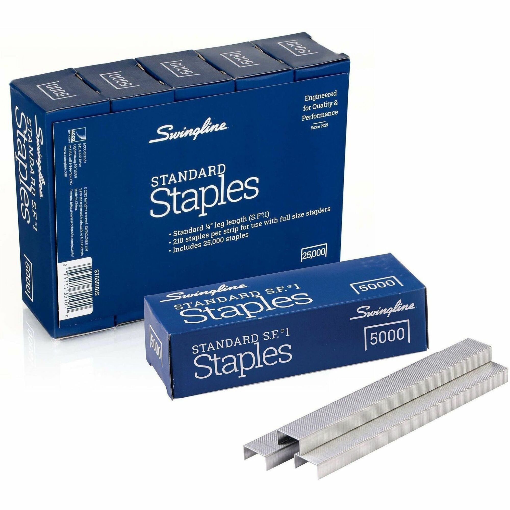 Swingline Staples - Standard - 1/4" - for Paper - Chisel Point, Durable - 5000 Per Cartridge - 5000/Box - 5 / Pack