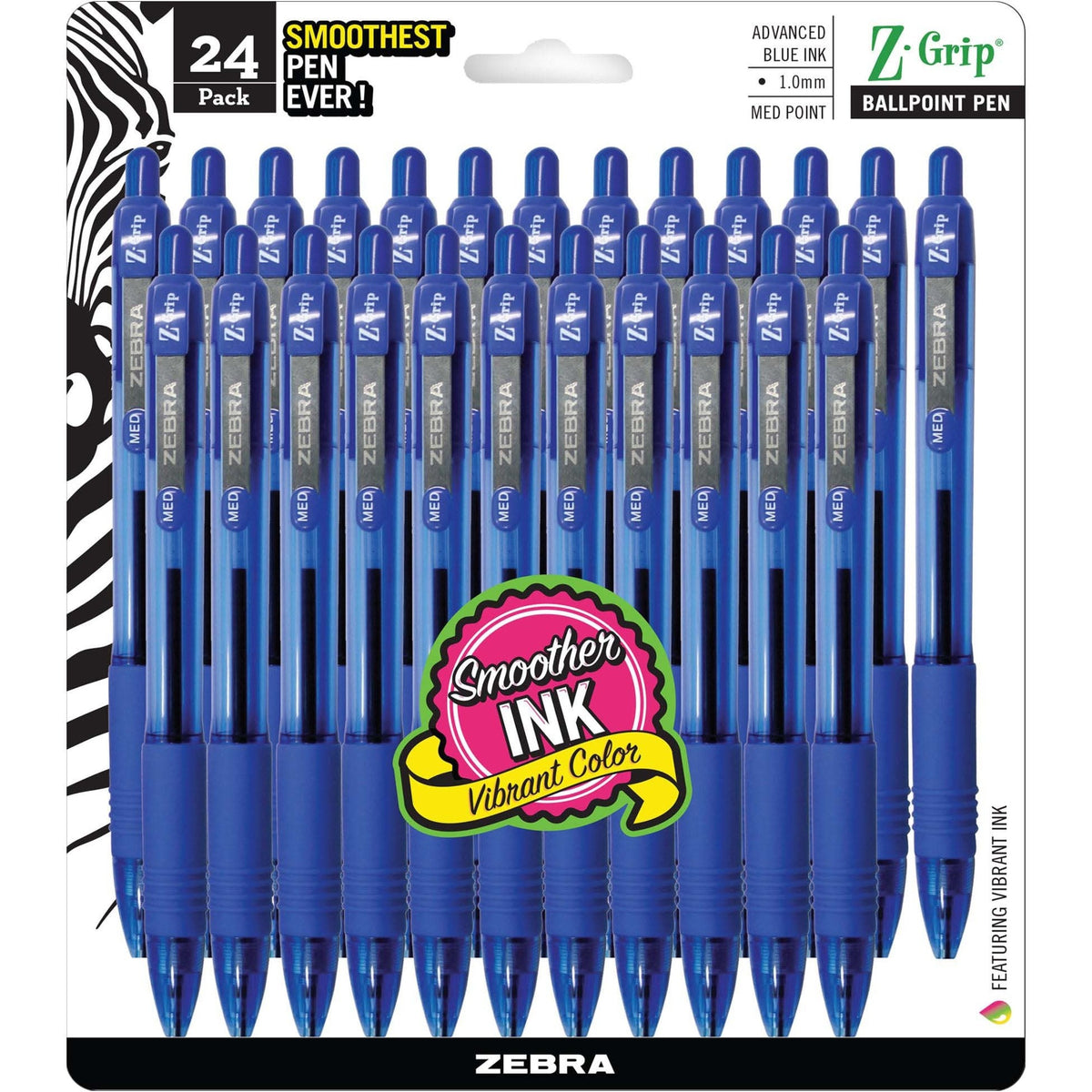 Zebra Z-Grip Retractable Ballpoint Pens - 1 mm Medium Pen Point - Retractable - Blue Ink - Clear Barrel - 24 / Pack
