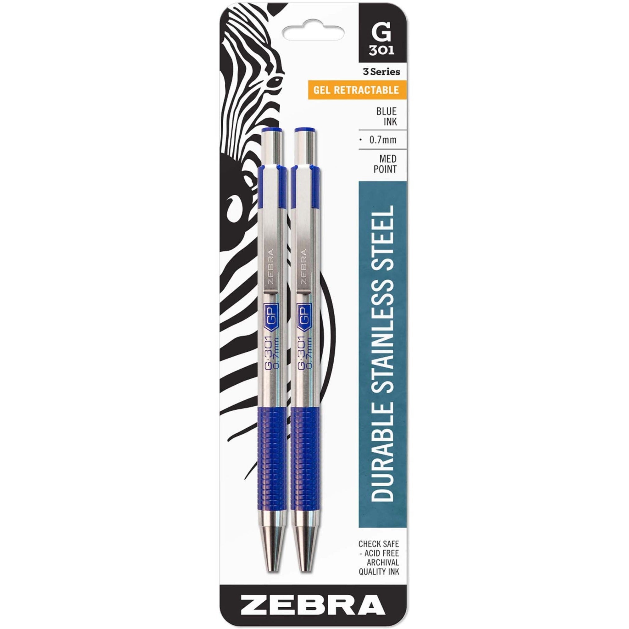 Zebra STEEL 3 Series G-301 Retractable Gel Pen - 0.7 mm Pen Point - Refillable - Retractable - Blue Ink - Gel-based - Stainless Steel Barrel - 2 / Pack