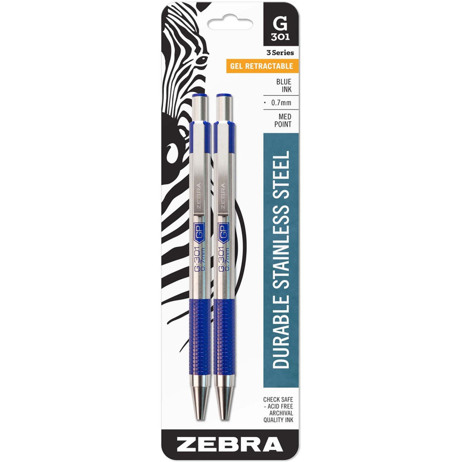 Zebra STEEL 3 Series G-301 Retractable Gel Pen - 0.7 mm Pen Point - Refillable - Retractable - Blue Ink - Gel-based - Stainless Steel Barrel - 2 / Pack