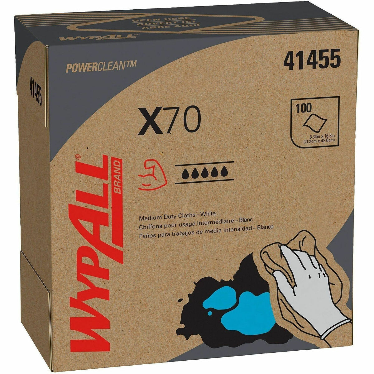 Wypall PowerClean X70 Medium Duty Cloths - Pop-Up Box - 8.34" Width x 16.80" Length - White - Hydroknit/ - 100 / Box