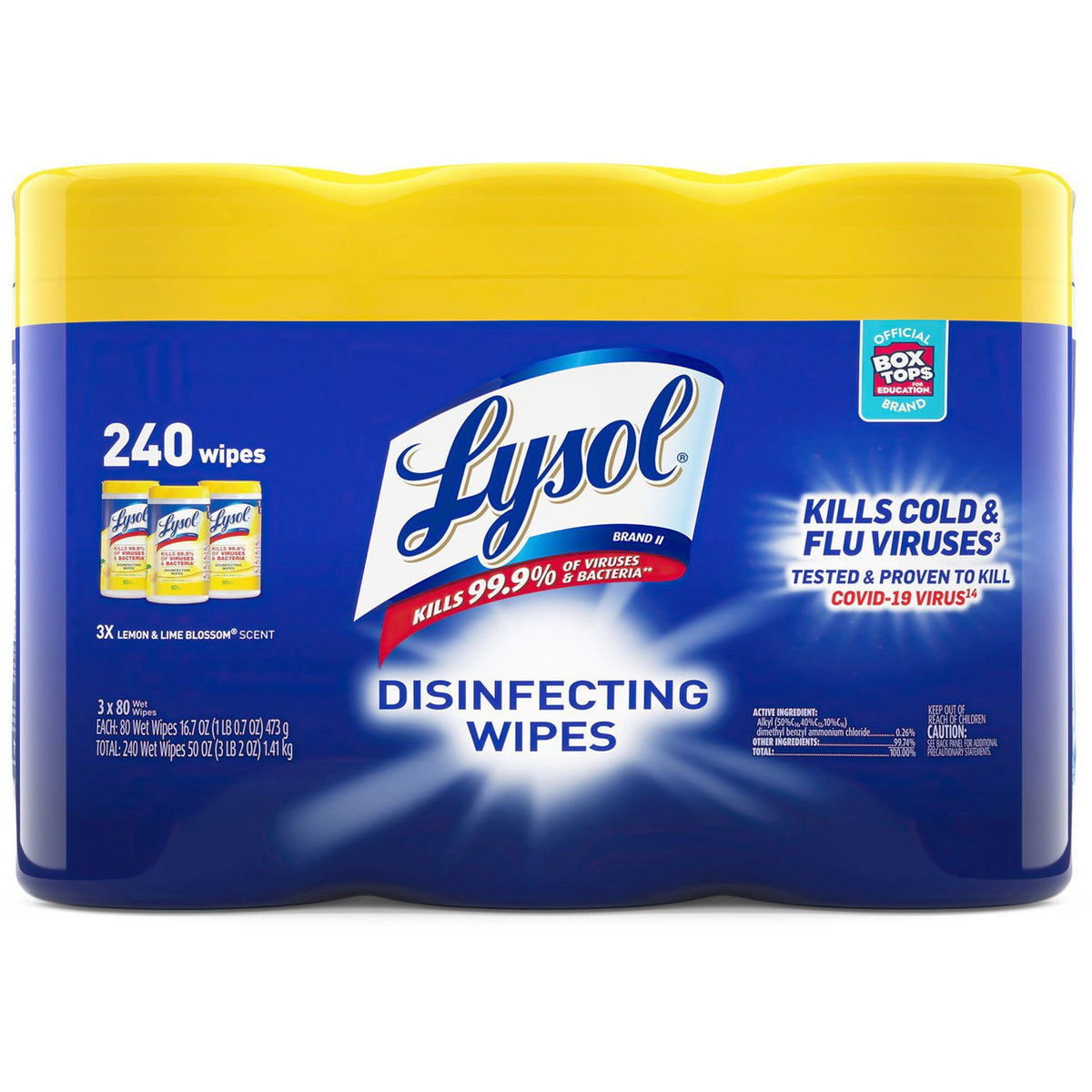 Lysol Lemon/Lime Disinfecting Wipes - For Multi Surface, Multipurpose - Lemon, Lime Blossom Scent - Recommended For: Virus Remover, Bacteria Remover - Pre-moistened, Deodorize, Disinfectant, Anti-bacterial - White - 80/Tub - 3 / Pack