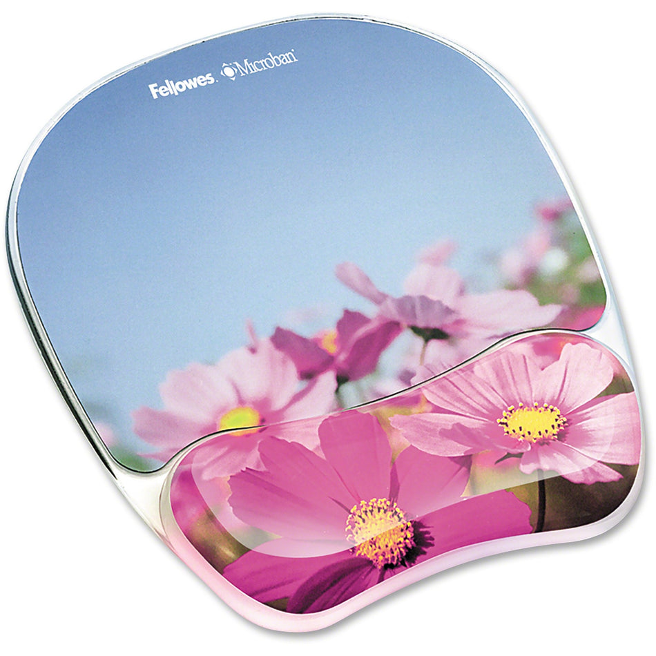 Fellowes Microban Photo Gel Mouse Pad Wrist Rest - Pink Flowers - 9.25" Height x 7.88" Width x 0.88" Depth - Multicolor - Rubber, Gel - Stain Resistant, Skid Proof - 1 Each