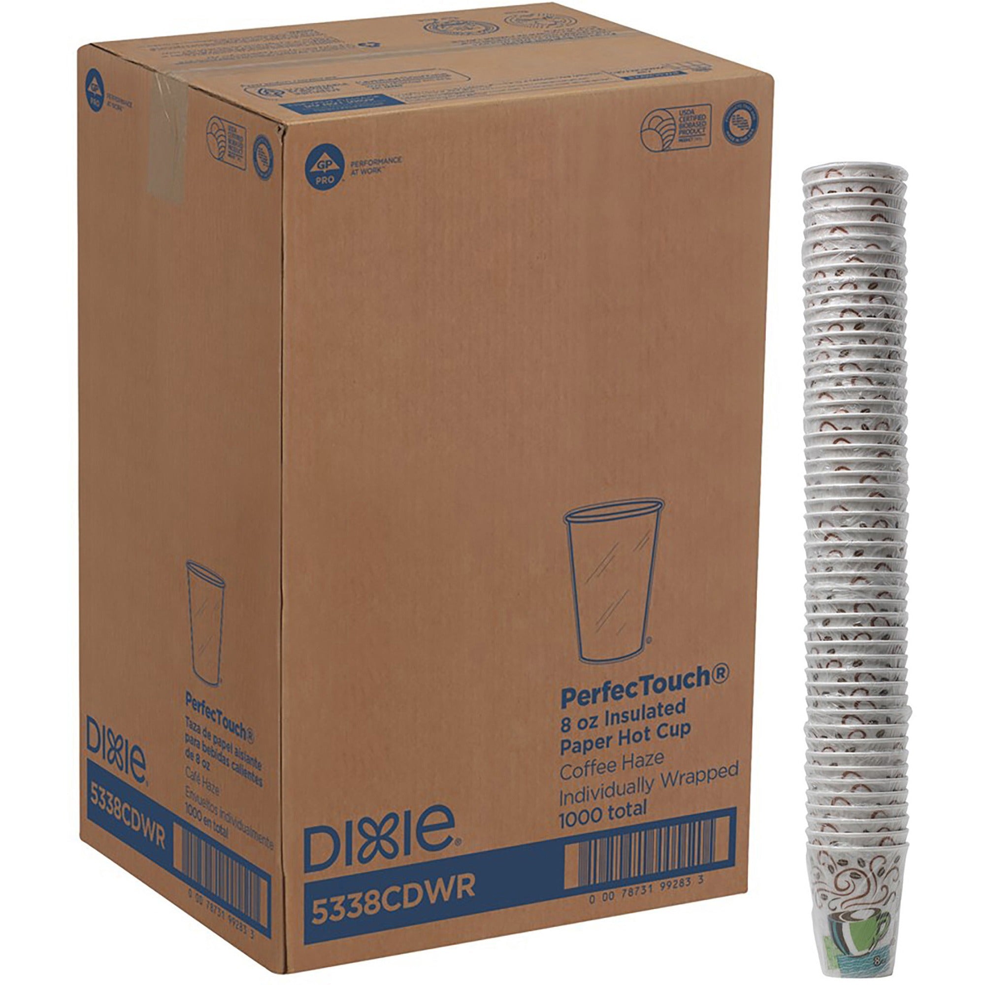 Dixie PerfecTouch 8 oz Insulated Wrapped Paper Hot Coffee Cups by GP Pro - 8 fl oz - Multi - Paper - Hot Food, Cold Food, Coffee - 1000 / Carton