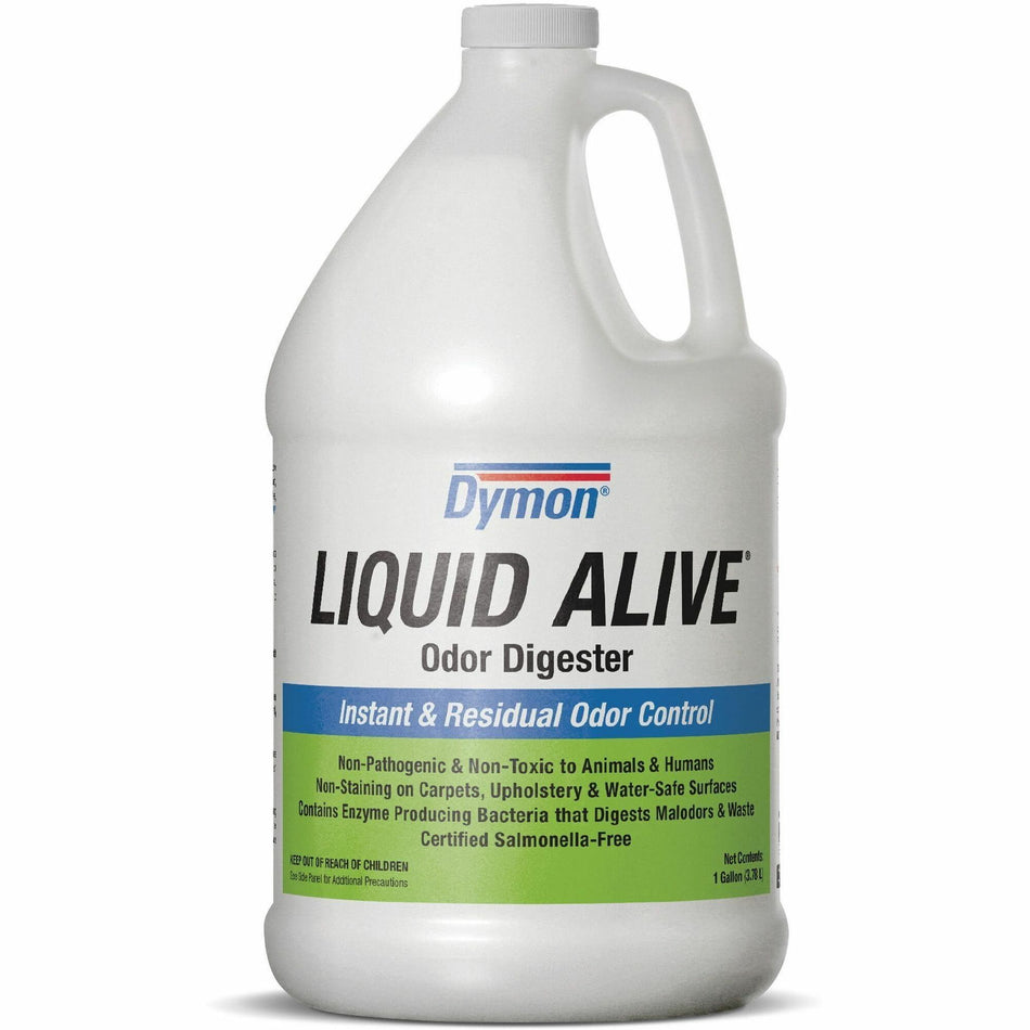 Dymon Liquid Alive Odor Digester - For Multi Surface - 128 fl oz (4 quart) - Natural Scent - Recommended For: Mildew Remover, Mold Remover, Food Remover, Urine Remover - Non-staining, Non-toxic - White, Green - 4 / Carton