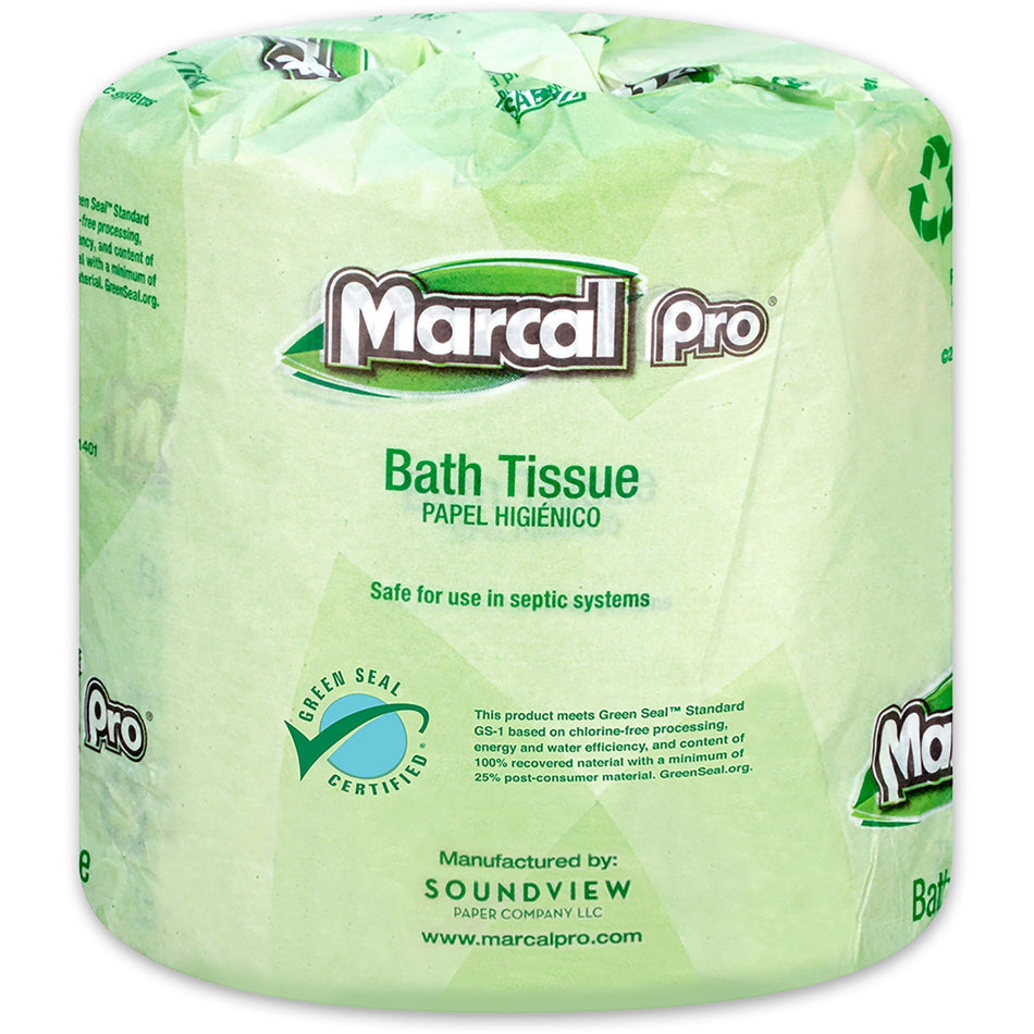 Marcal Pro 100% Recycled Bathroom Tissue - 2 Ply - 4" Width x 4" Length - 500 Sheets/Roll - White - 48 / Carton