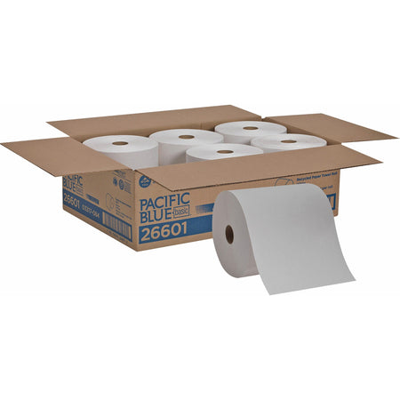 Pacific Blue Basic Recycled Paper Towel Roll - 1 Ply - 7.87" Width x 800 ft Length - White - 6 / Carton