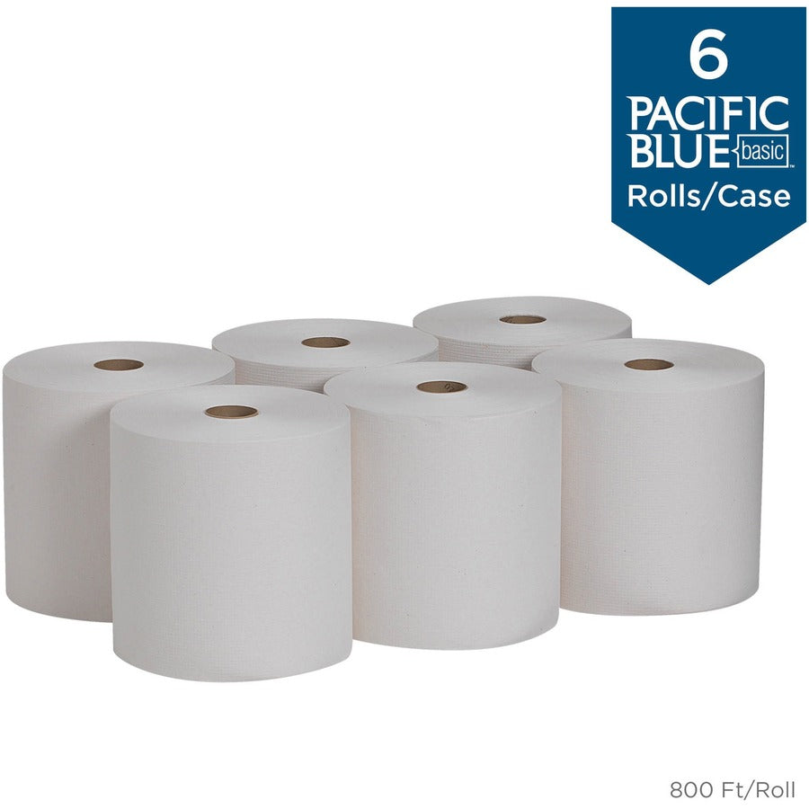 Pacific Blue Basic Recycled Paper Towel Roll - 1 Ply - 7.87" Width x 800 ft Length - White - 6 / Carton