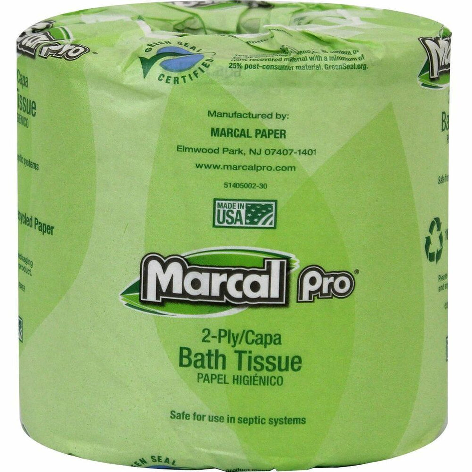 Marcal Pro 100% Recycled Bathroom Tissue - 2 Ply - 4" Width x 4" Length - 240 Sheets/Roll - White - 48 / Carton
