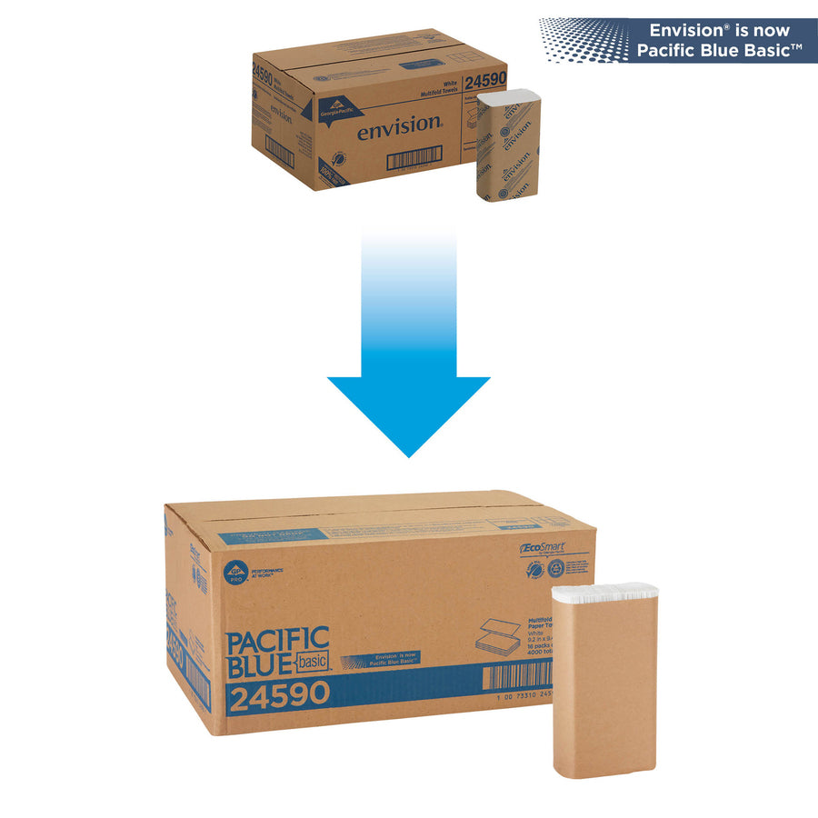 Pacific Blue Basic Recycled Multifold Paper Towels - White - PaperPack - 250/Pack - 16 / Carton