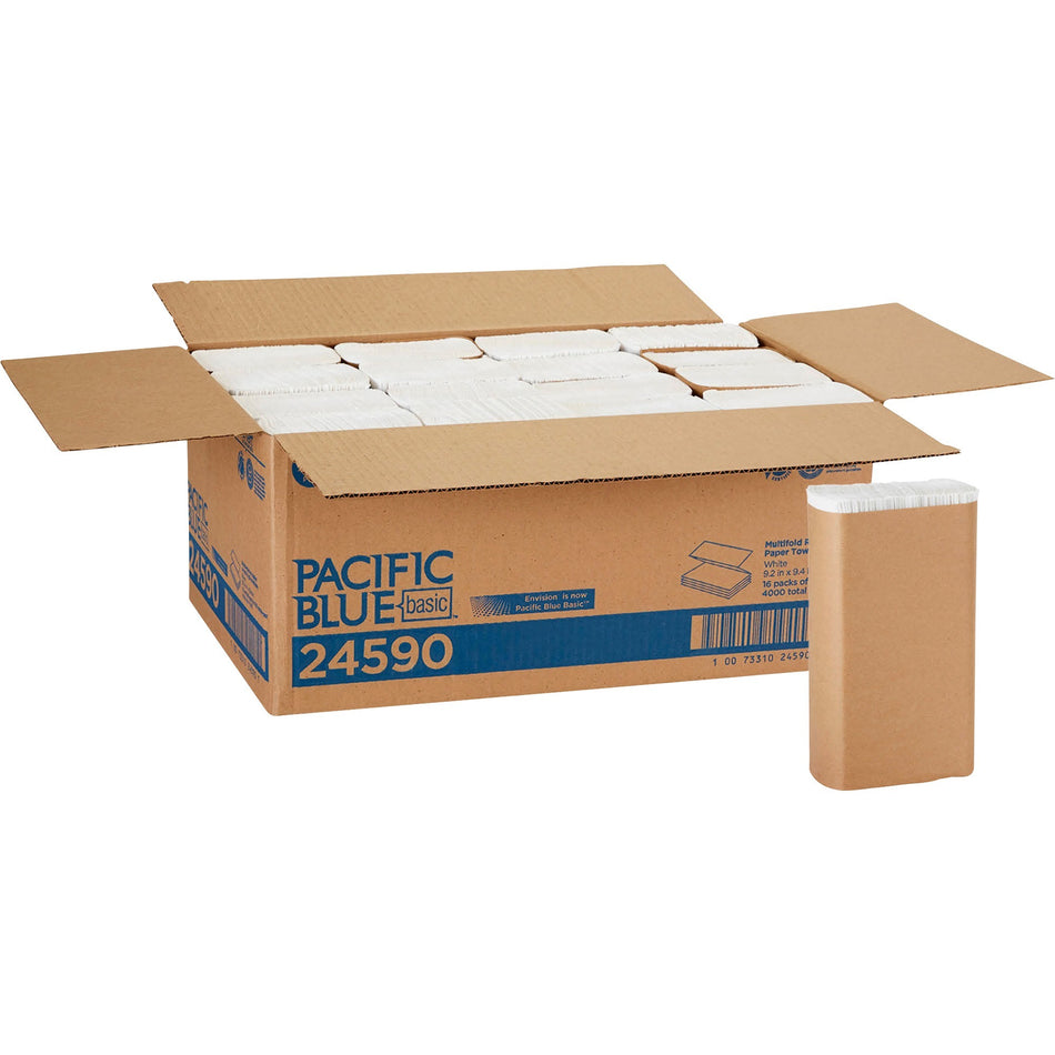 Pacific Blue Basic Recycled Multifold Paper Towels - White - PaperPack - 250/Pack - 16 / Carton