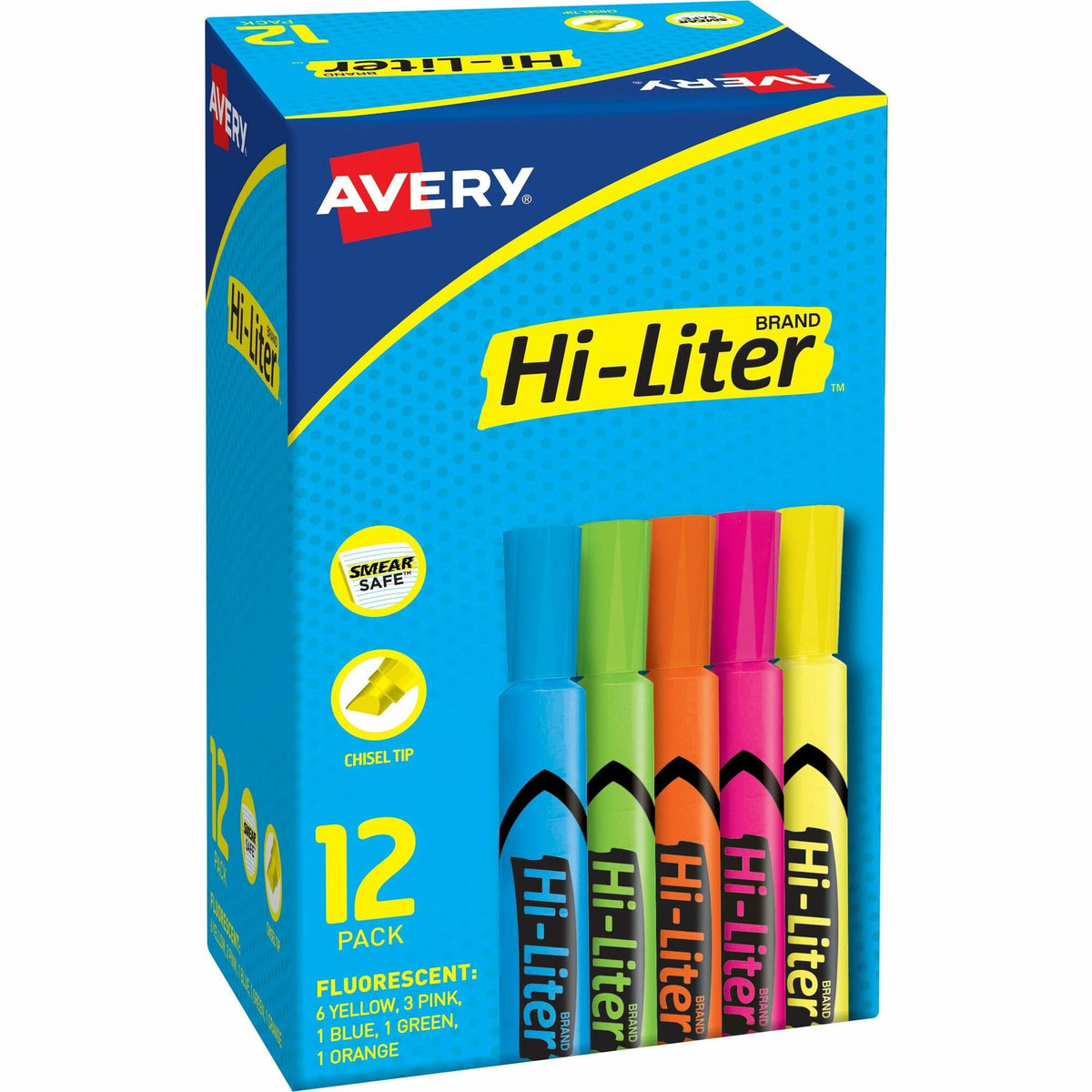 Avery®Hi-Liter Desk-Style Highlighters - Chisel Marker Point - Washable - Fluorescent Yellow, Fluorescent Blue, Fluorescent Green, Fluorescent Orange, Fluorescent Pink Ink - Water Based - Plastic Tip - 12 / Box