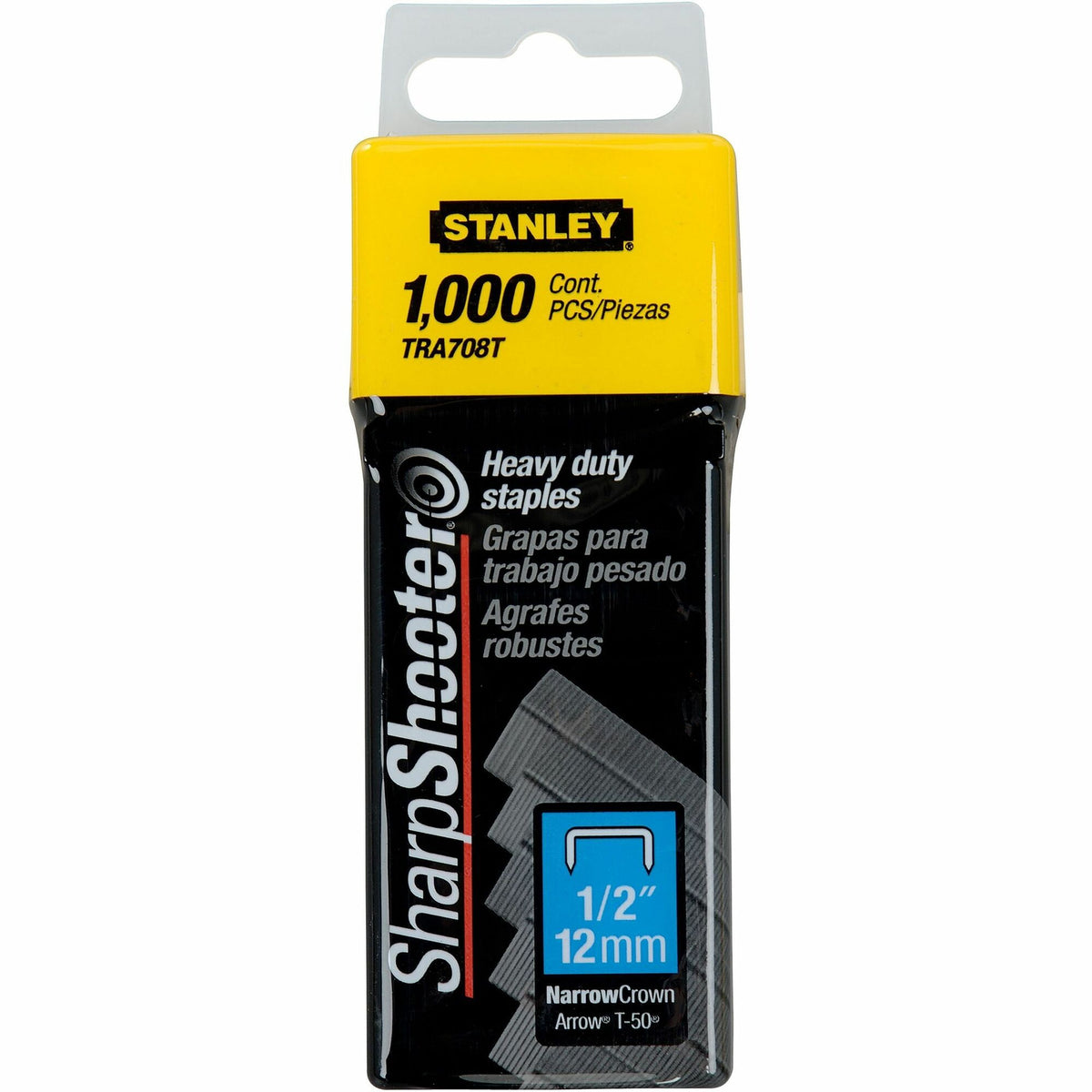 Stanley SharpShooter Heavy-Duty 1/2" Staples - Heavy Duty - 1/2" - 1/2" Leg - 3/8" Crown - Silver - 5.1" Height x 1.3" Width x 1.8" Length - 1000 / Box