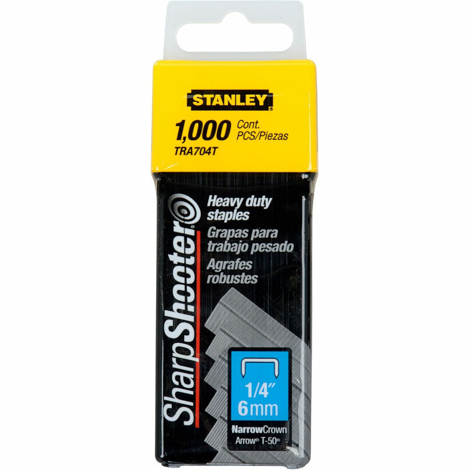 Stanley SharpShooter Heavy-Duty 1/4" Staples - Heavy Duty - 1/4" - 1/4" Leg - 3/8" Crown - Insulated - Silver - 5.1" Height x 1.8" Width x 0.8" Length - 1000 / Box