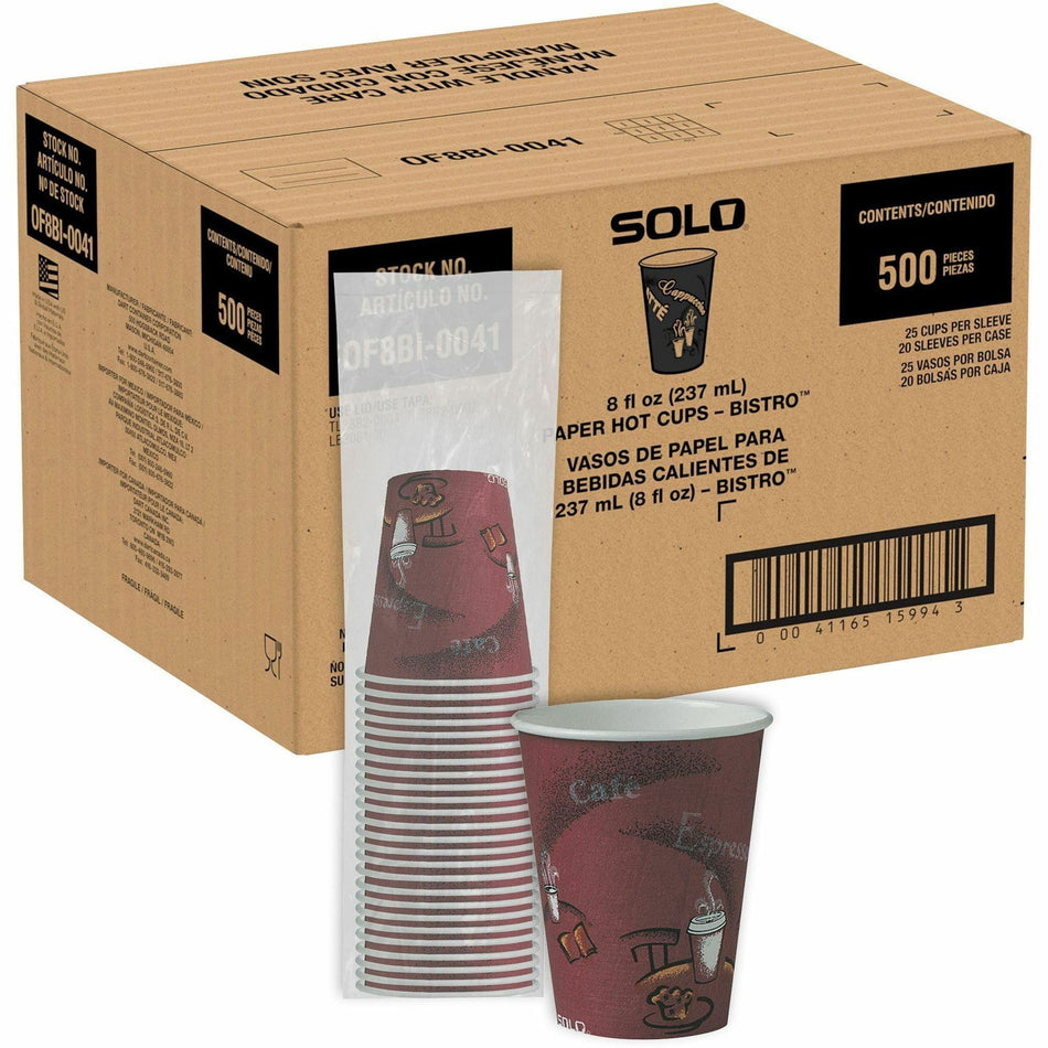 Solo 8 oz Bistro Design Hot Cups - 8 fl oz - Maroon - Poly Paper - Hot Drink, Coffee, Tea, Cocoa - 25/Pack - 20 / Carton