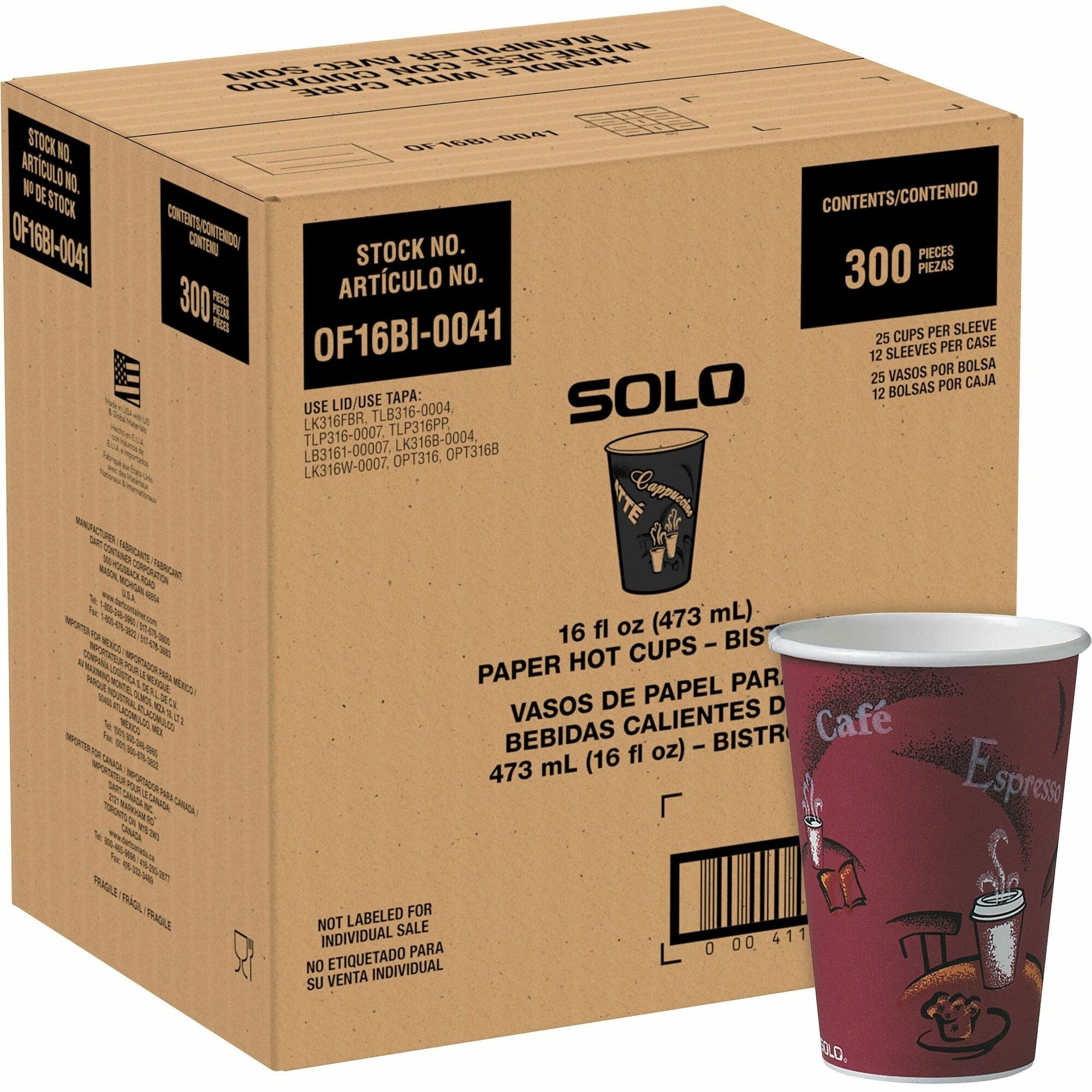 Solo 16 oz Bistro Design Hot Cups - 16 fl oz - Maroon - Poly Paper - Hot Drink, Coffee, Tea, Cocoa - 300 / Carton