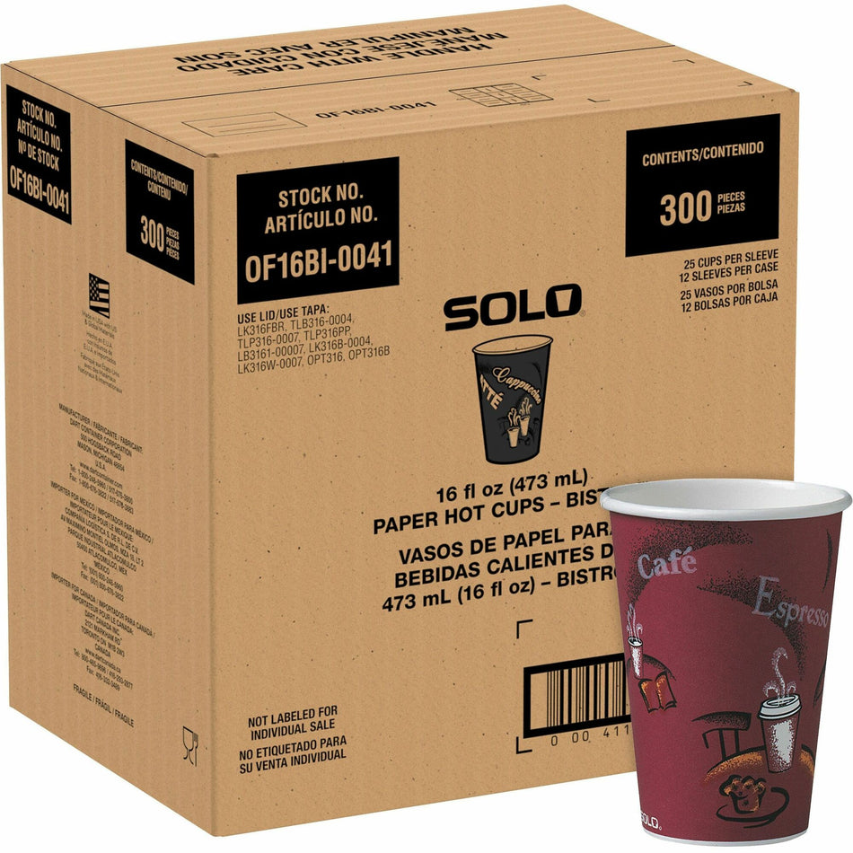 Solo 16 oz Bistro Design Hot Cups - 16 fl oz - Maroon - Poly Paper - Hot Drink, Coffee, Tea, Cocoa - 300 / Carton