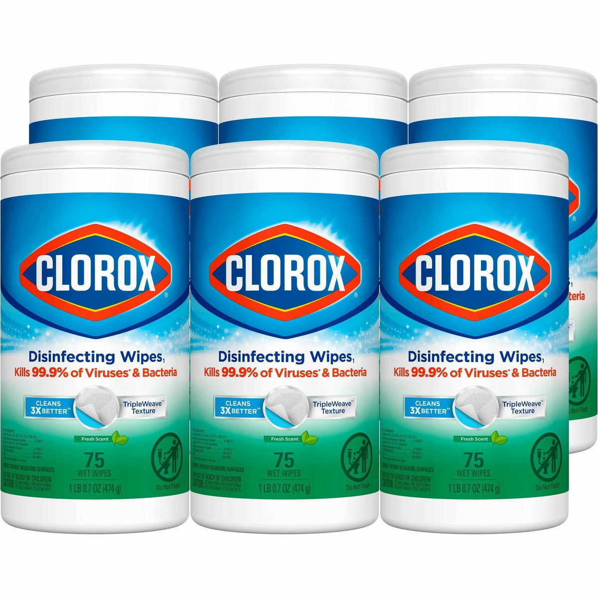Clorox Disinfecting Wipes, Bleach-Free Cleaning Wipes - For Multipurpose - Fresh Scent - Recommended For: Bacteria Remover, Virus Remover, Germs Remover, Grease Remover - Pre-moistened, Bleach-free - White - 75/Tub - 6 / Carton