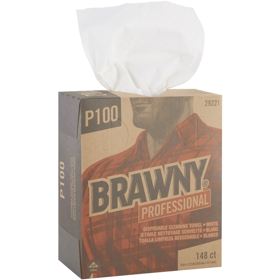 Brawny® Professional P100 Disposable Cleaning Towels - 12.50" Length x 8" Width - Absorbent, Strong, Streak-free, Durable - White - 148/Box - 20 / Carton