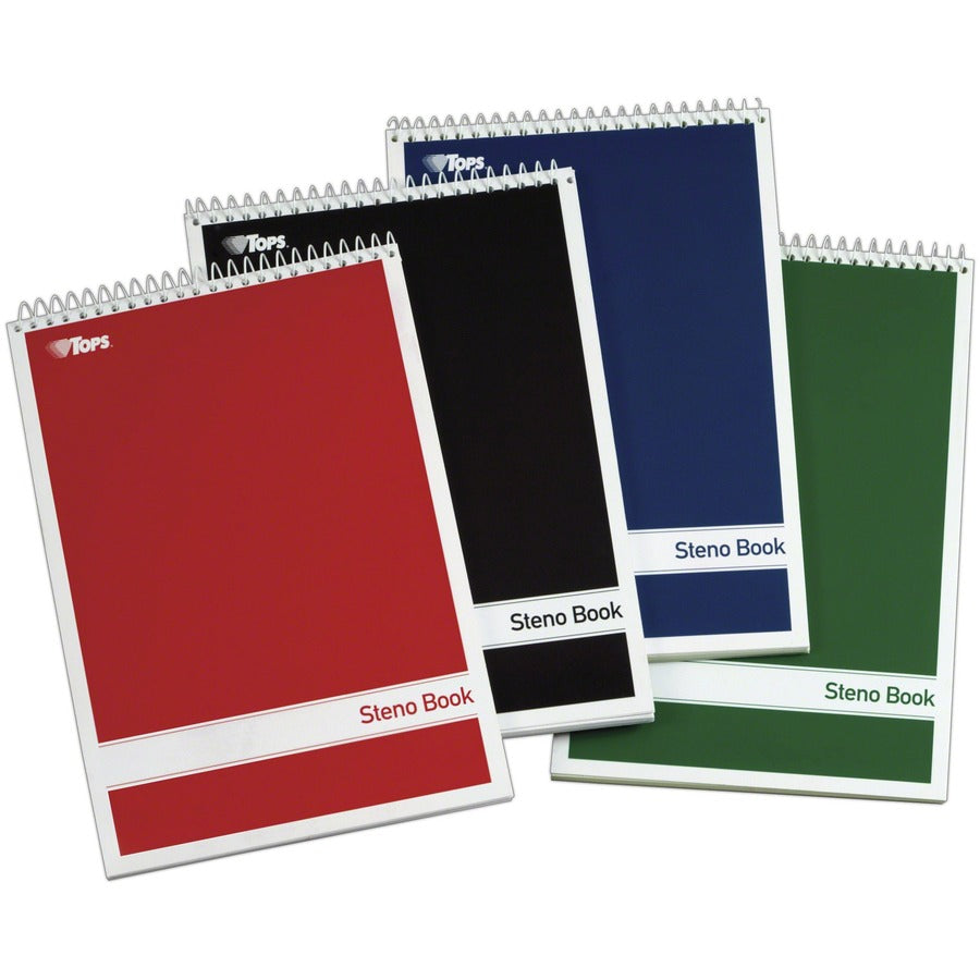 TOPS Gregg-ruled Steno Book - 80 Sheets - Wire Bound - 15 lb Basis Weight - 6" x 9" Sheet Size - 9" Height x 6" Width - Green Tint Paper - Red, Green, Black, Blue Cover - Durable Cover, Rigid, Acid-free - 4 / Pack