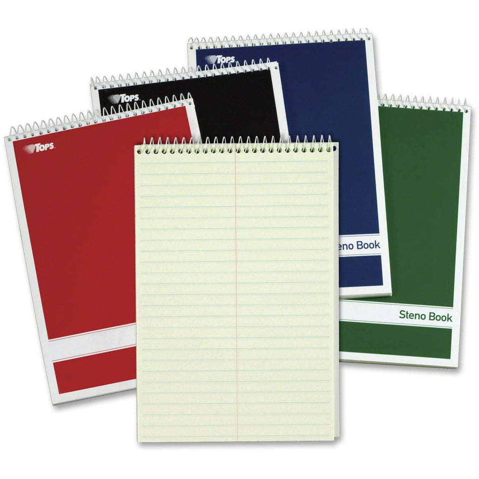TOPS Gregg-ruled Steno Book - 80 Sheets - Wire Bound - 15 lb Basis Weight - 6" x 9" Sheet Size - 9" Height x 6" Width - Green Tint Paper - Red, Green, Black, Blue Cover - Durable Cover, Rigid, Acid-free - 4 / Pack