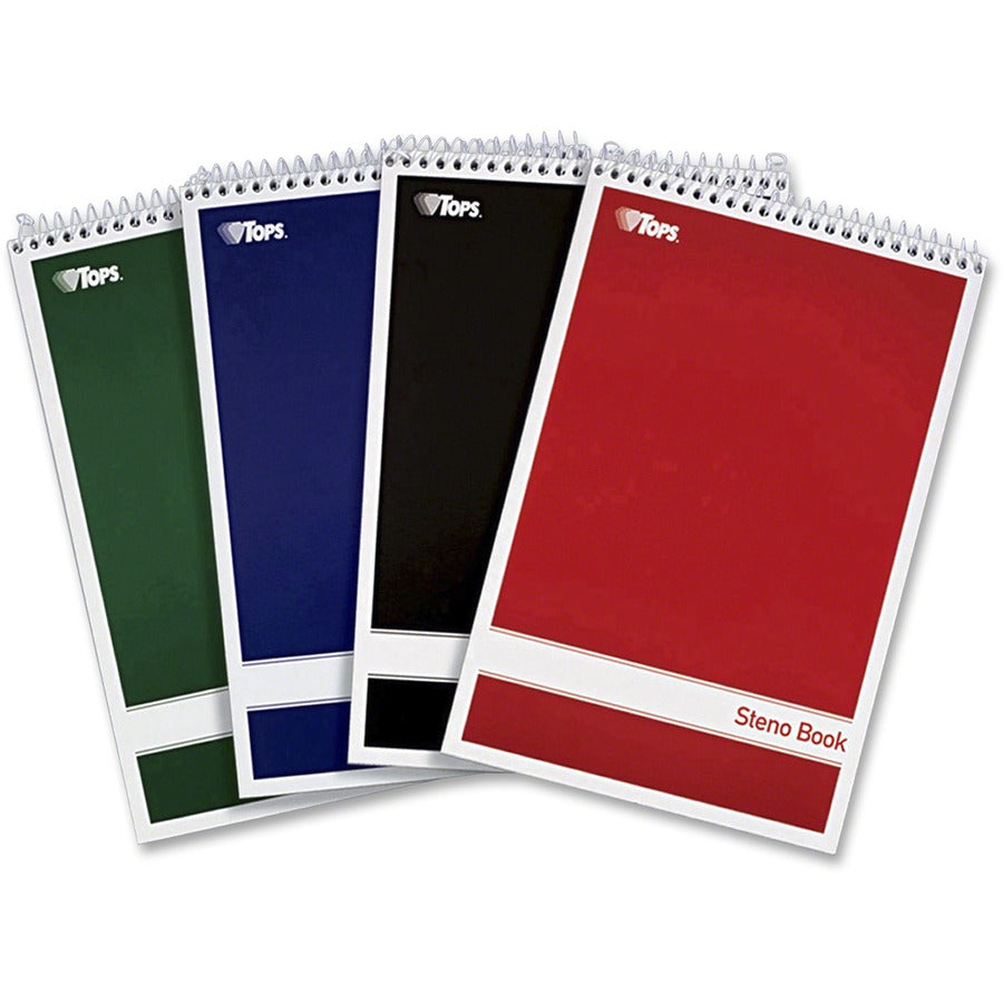 TOPS Gregg-ruled Steno Book - 80 Sheets - Wire Bound - 15 lb Basis Weight - 6" x 9" Sheet Size - 1.25" Height x 9" Width x 6" Length - White Paper - Red, Green, Black, Blue Cover - Durable Cover, Rigid, Chipboard Backing, Acid-free - 4 / Pack