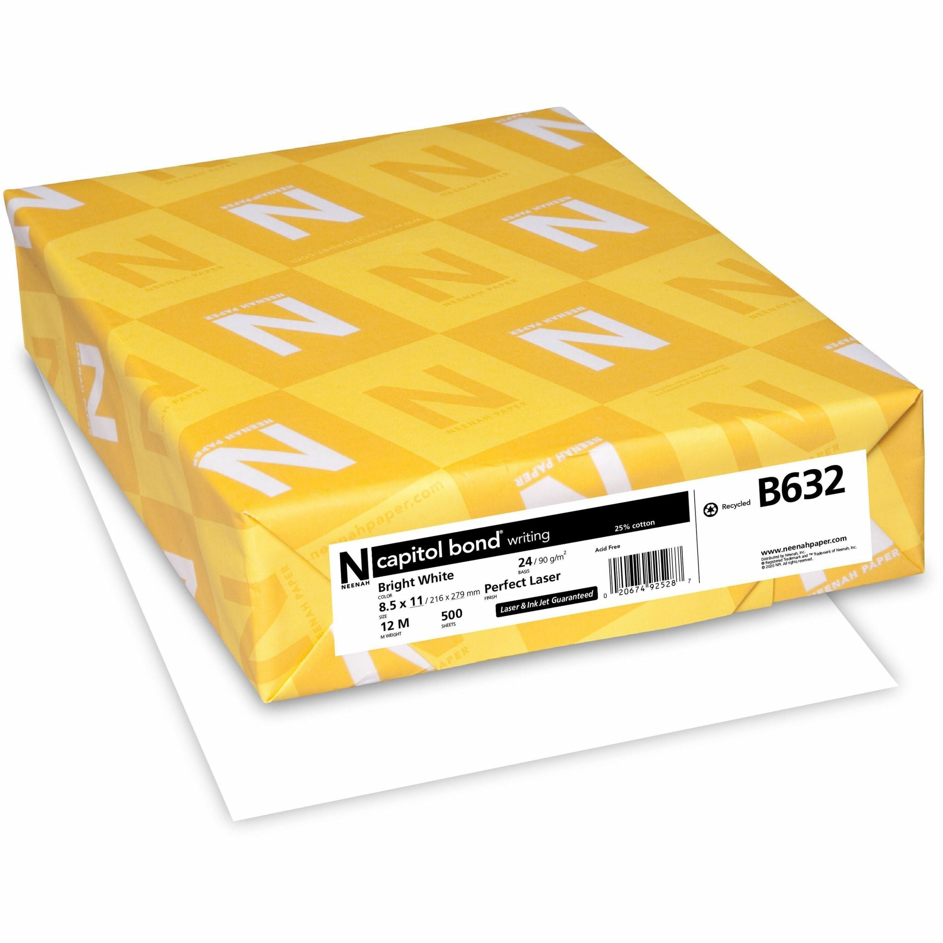 Neenah Capitol Bond Paper - White - 96 Brightness - Letter - 8 1/2" x 11" - 24 lb Basis Weight - Cockle - Archival-safe, Watermarked - Bright White - 500 / Ream
