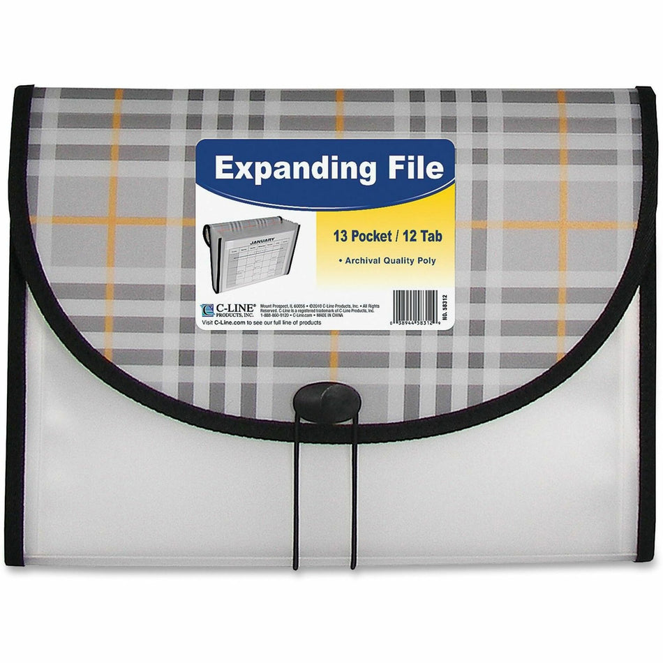 C-Line Letter Expanding File - 8 1/2" x 11" - 1 1/2" Expansion - 13 Pocket(s) - Polypropylene, Plaid - Durable, Archival-safe, Elastic Closure - 1 Each