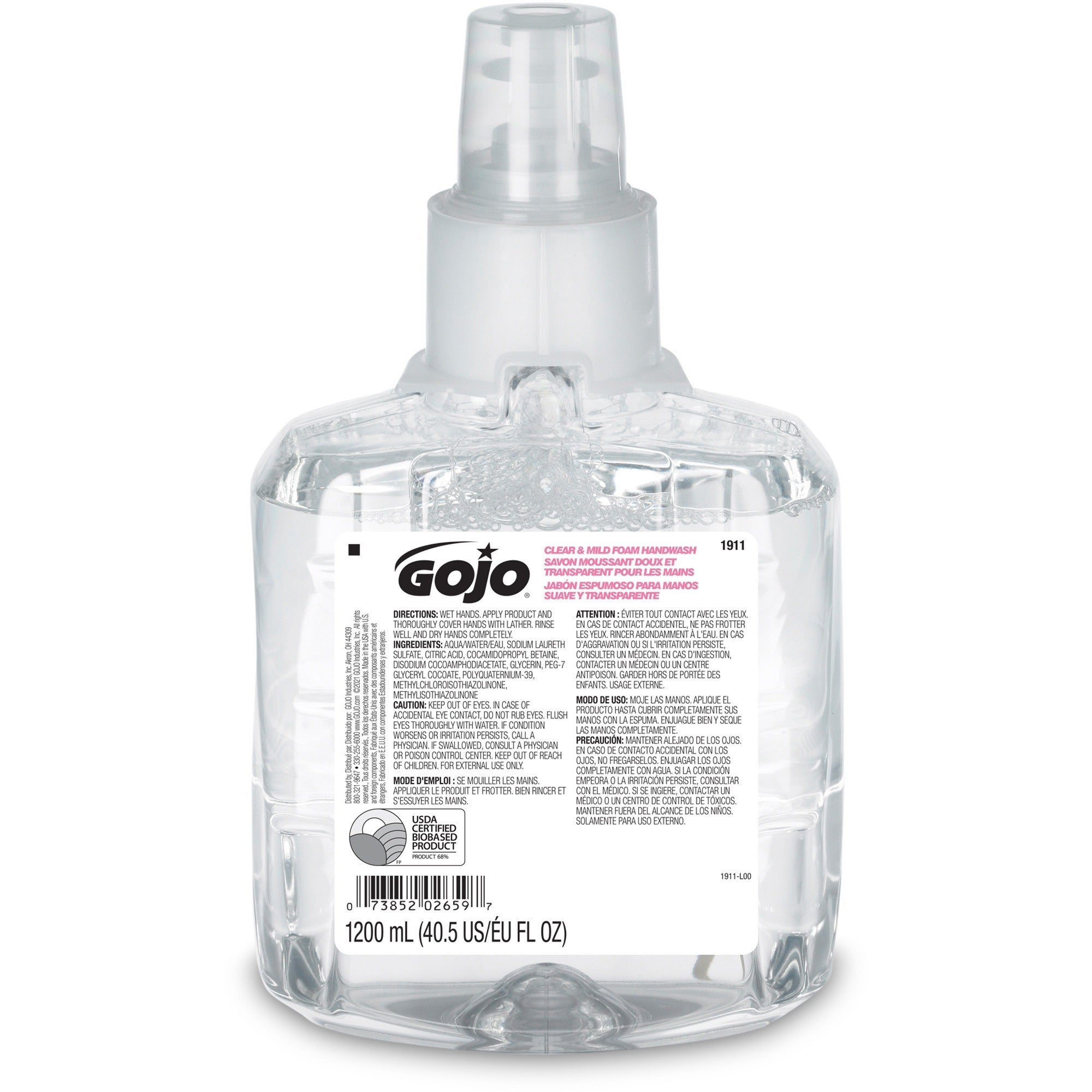 Gojo® LTX-12 Clear Mild Foam Handwash Refill - 1.27 quart - Hand, Skin - Moisturizing - Clear - Fragrance-free, Dye-free, Bio-based, Rich Lather, Eco-friendly - 2 / Carton