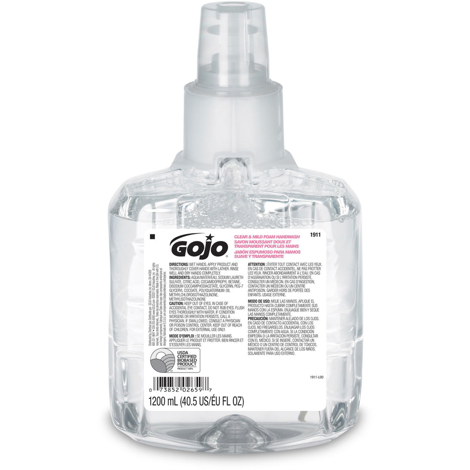 Gojo® LTX-12 Clear Mild Foam Handwash Refill - 1.27 quart - Hand, Skin - Moisturizing - Clear - Fragrance-free, Dye-free, Bio-based, Rich Lather, Eco-friendly - 2 / Carton